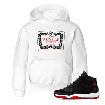 11s Bred Velvet shirts to match jordans Hustle Harder sneaker match tees Air Jordan 11 Bred Velvet SNRT Sneaker Release Tees Youth Baby White 1 crew neck shirts