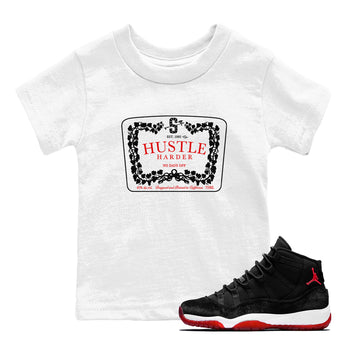 11s Bred Velvet shirts to match jordans Hustle Harder sneaker match tees Air Jordan 11 Bred Velvet SNRT Sneaker Release Tees Youth Baby White 1 crew neck shirts