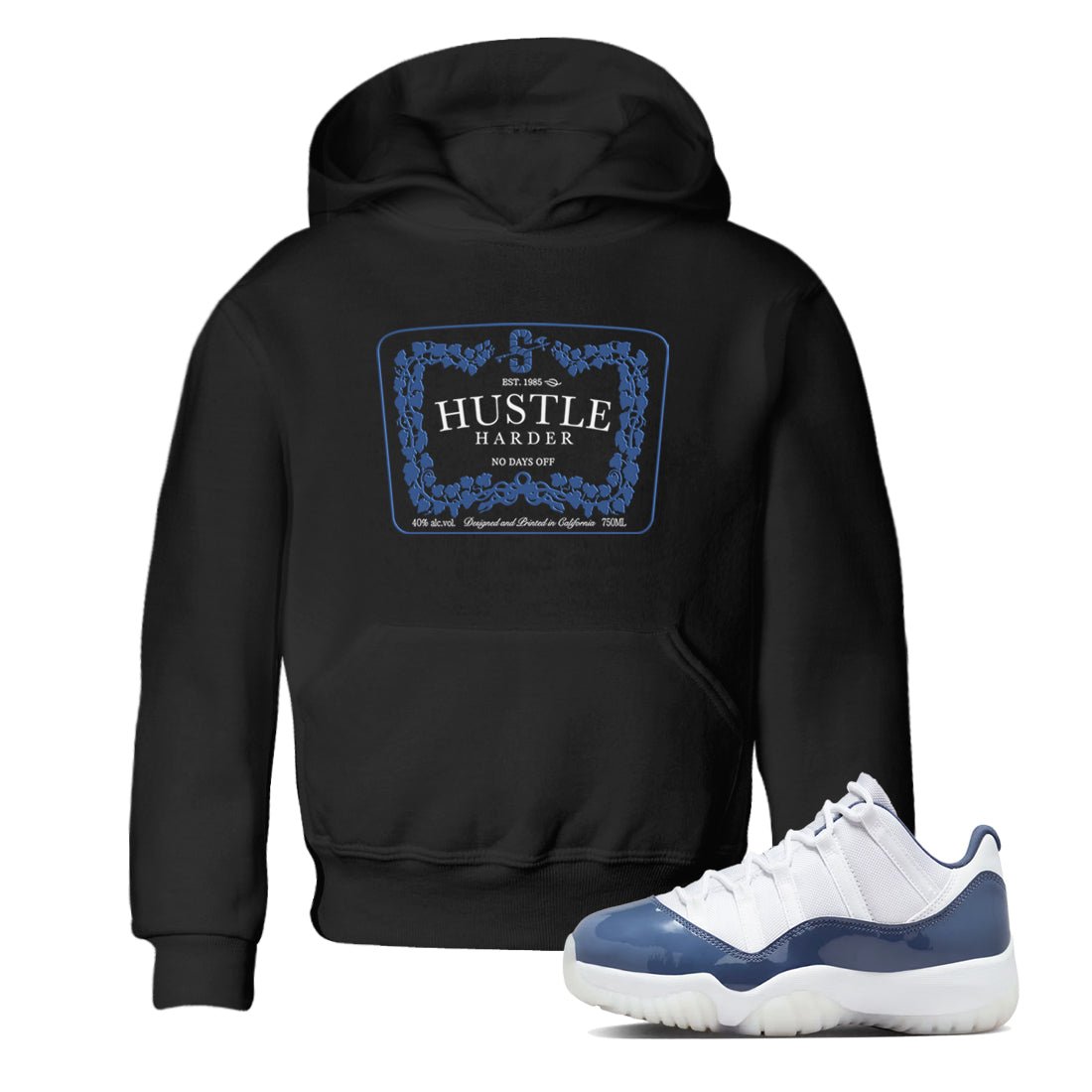 11s Diffused Blue shirts to match jordans Hustle Harder sneaker match tees Air Jordan 11 Diffused Blue SNRT Sneaker Release Tees Youth Baby Black 1 crew neck shirts