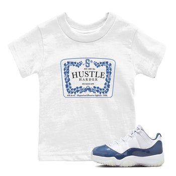 11s Diffused Blue shirts to match jordans Hustle Harder sneaker match tees Air Jordan 11 Diffused Blue SNRT Sneaker Release Tees Youth Baby White 1 crew neck shirts