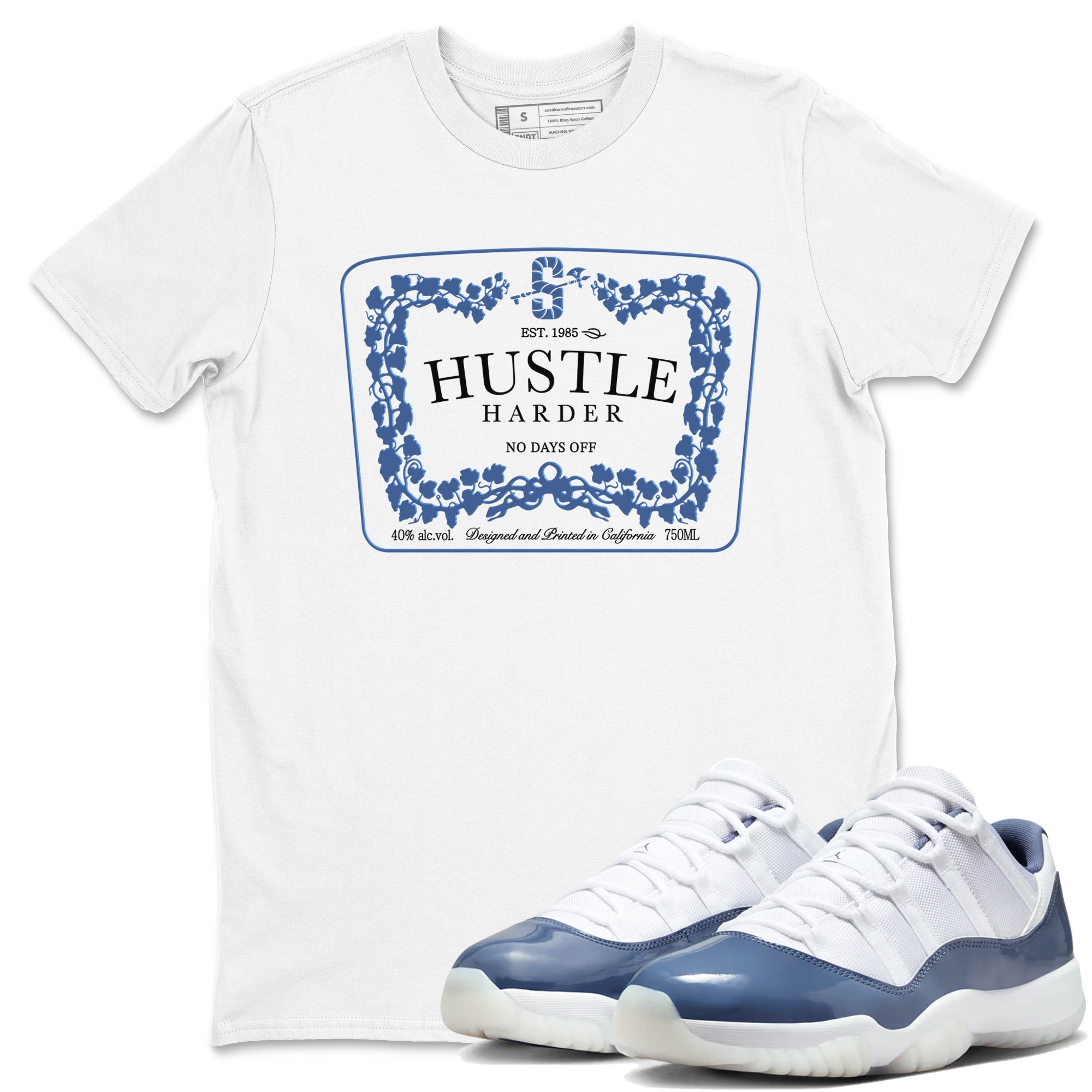 11s Diffused Blue shirts to match jordans Hustle Harder sneaker match tees Air Jordan 11 Diffused Blue SNRT Sneaker Release Tees unisex cotton White 1 crew neck shirts