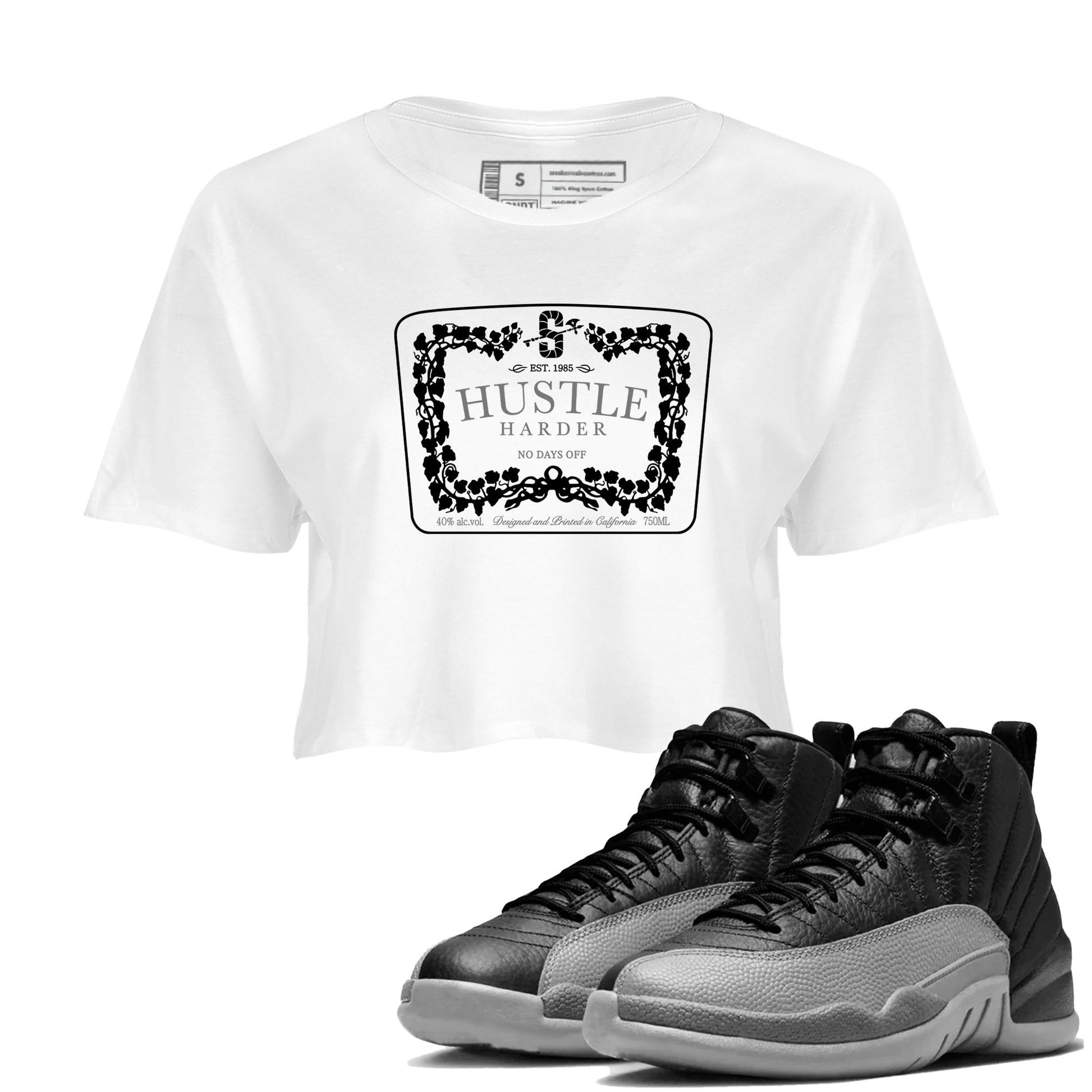 12s Black Wolf Grey shirts to match jordans Hustle Harder sneaker match tees Air Jordan 12 Black Wolf Grey match shoes to clothes SNRT Sneaker Tees unisex cotton White 1 crop tee