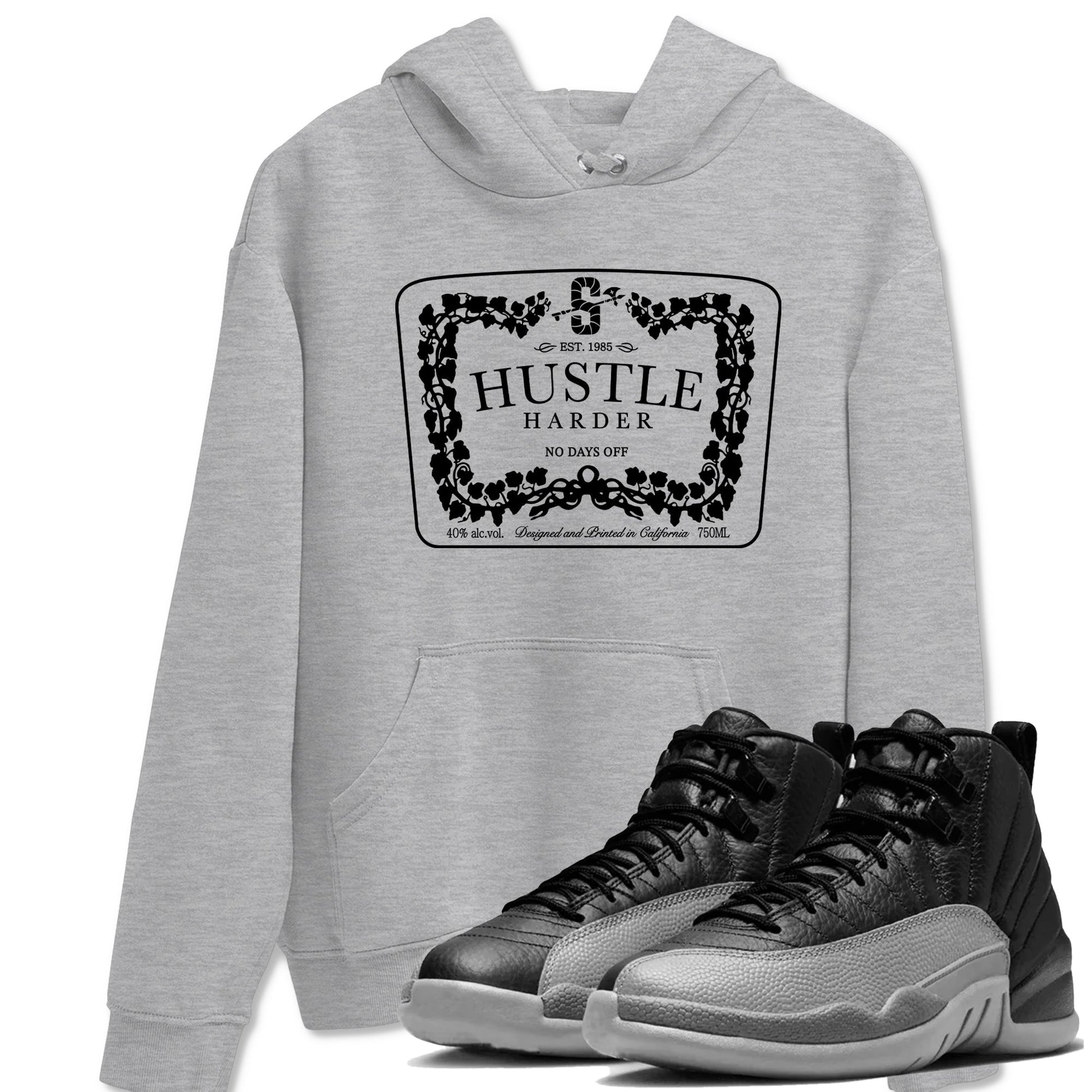12s Black Wolf Grey shirts to match jordans Hustle Harder sneaker match tees Air Jordan 12 Black Wolf Grey match shoes to clothes SNRT Sneaker Tees unisex cotton Heather Grey 1 shirts