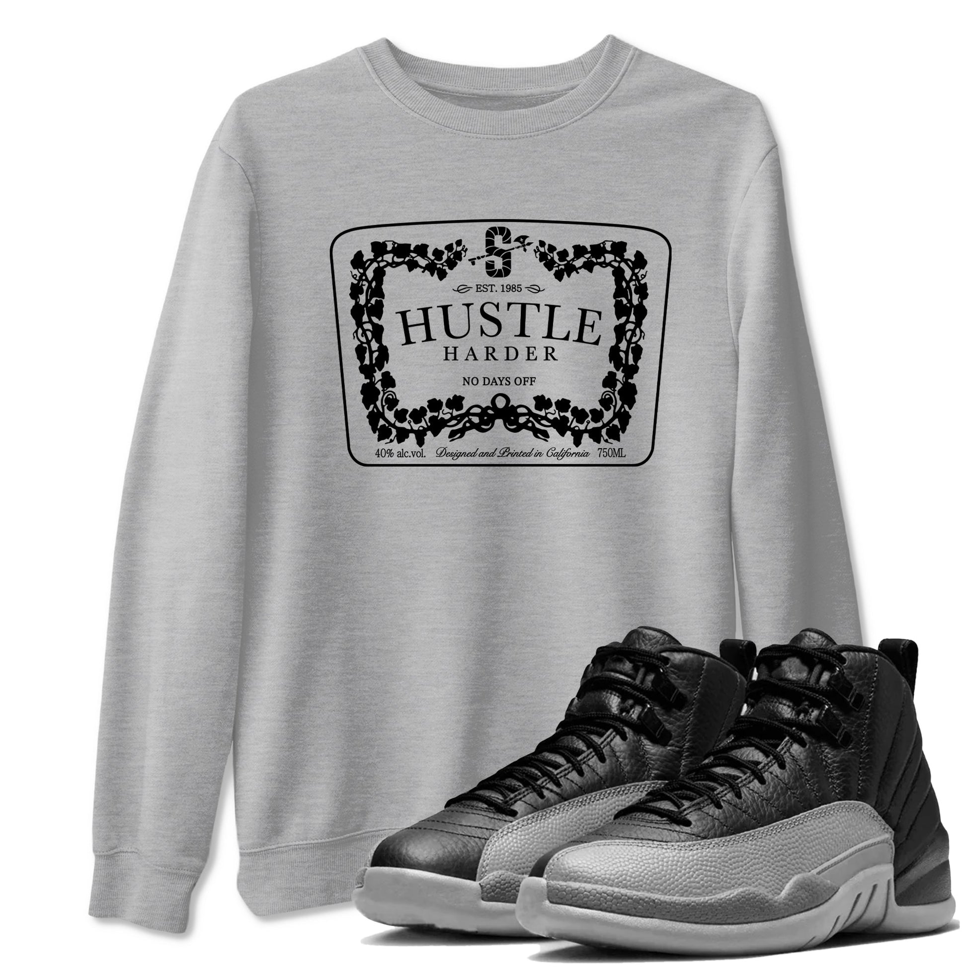 12s Black Wolf Grey shirts to match jordans Hustle Harder sneaker match tees Air Jordan 12 Black Wolf Grey match shoes to clothes SNRT Sneaker Tees unisex cotton Heather Grey 1 shirts