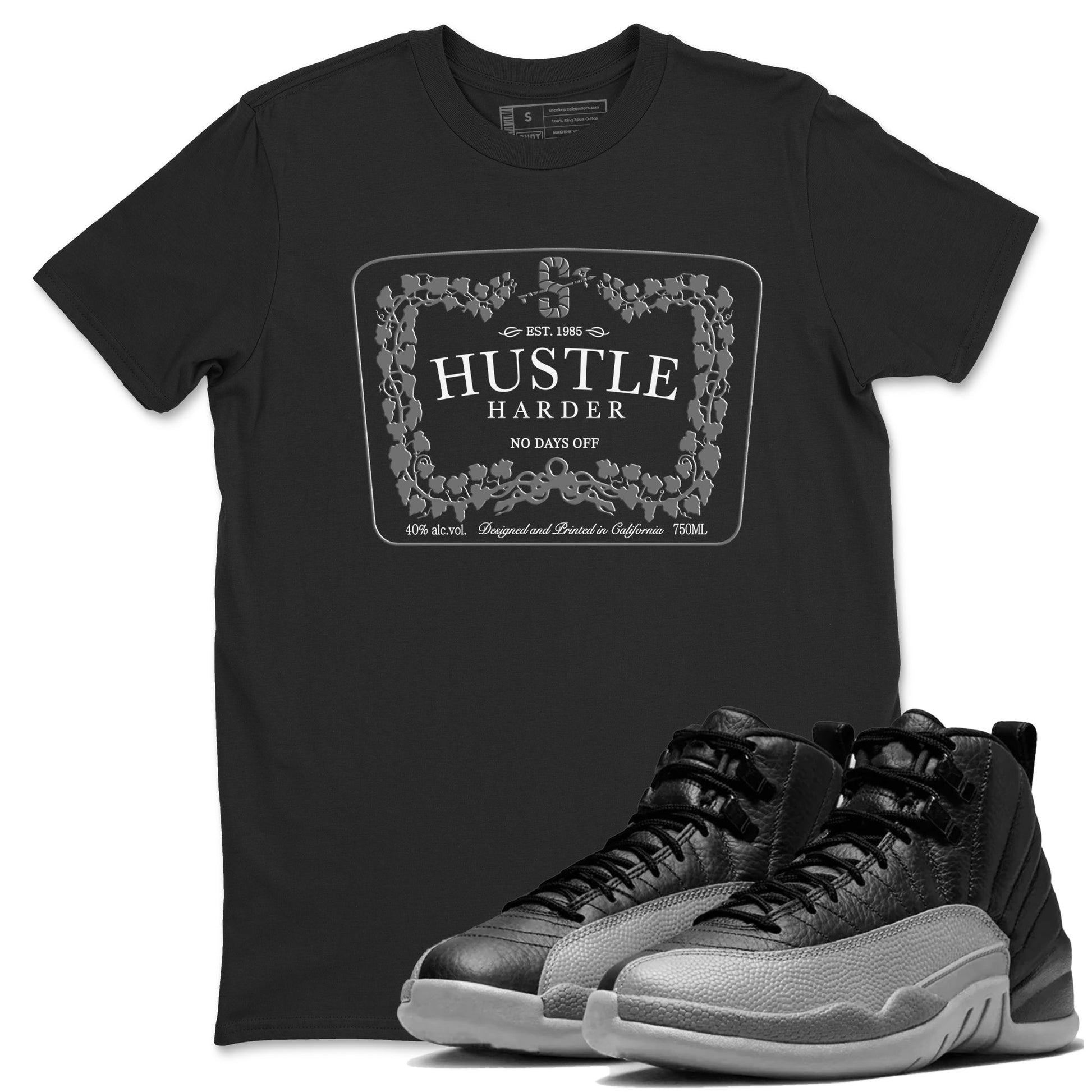 12s Black Wolf Grey shirts to match jordans Hustle Harder sneaker match tees Air Jordan 12 Black Wolf Grey match shoes to clothes SNRT Sneaker Tees unisex cotton Black 1 shirts