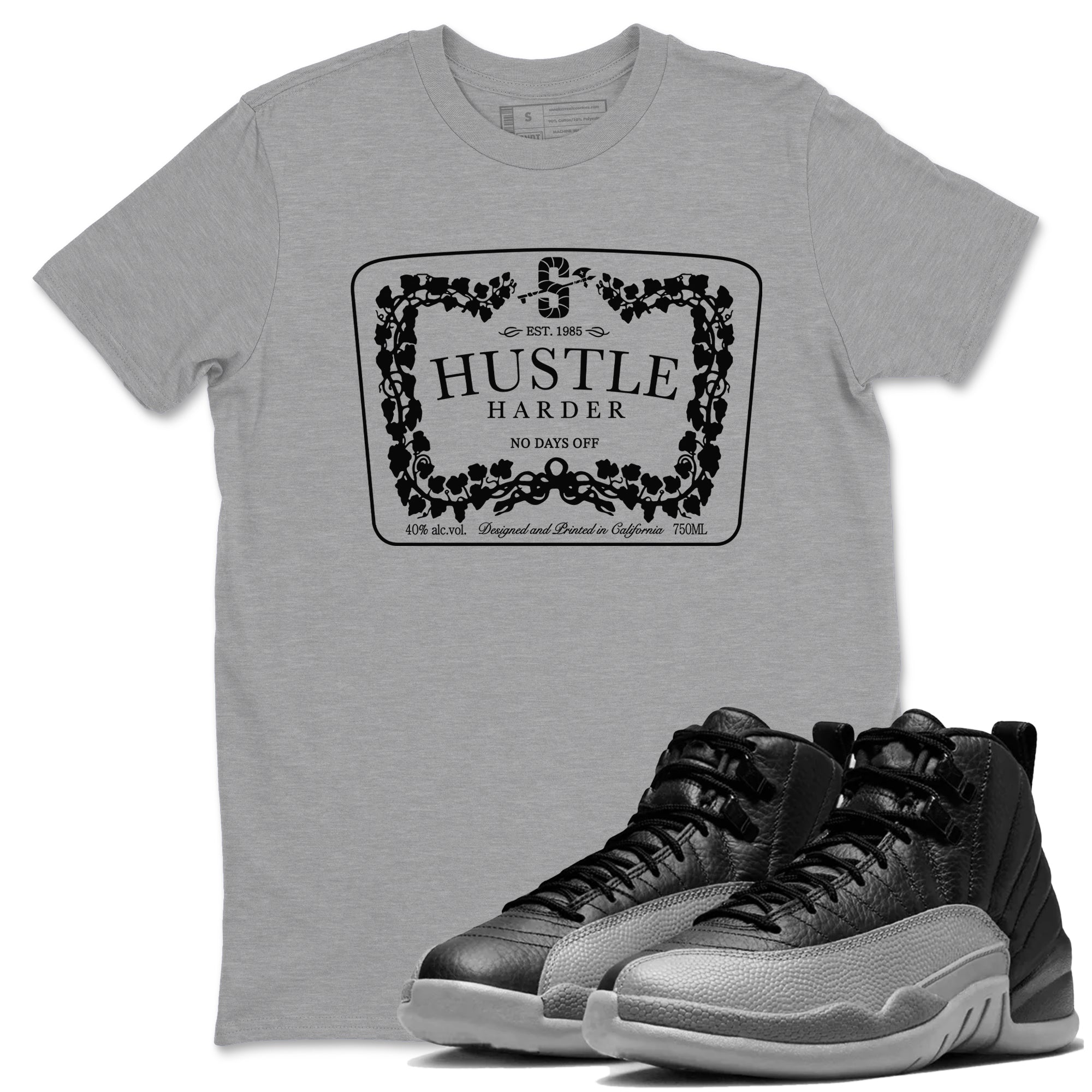 12s Black Wolf Grey shirts to match jordans Hustle Harder sneaker match tees Air Jordan 12 Black Wolf Grey match shoes to clothes SNRT Sneaker Tees unisex cotton Heather Grey 1 shirts
