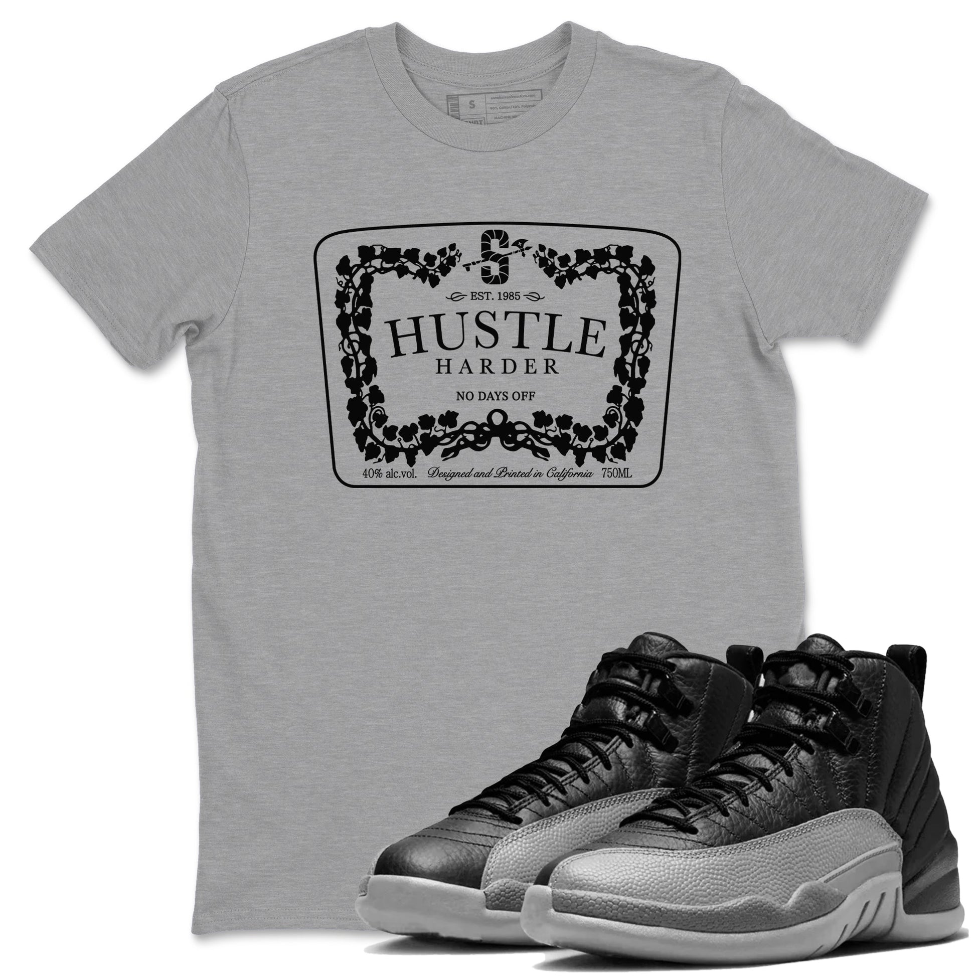 12s Black Wolf Grey shirts to match jordans Hustle Harder sneaker match tees Air Jordan 12 Black Wolf Grey match shoes to clothes SNRT Sneaker Tees unisex cotton Heather Grey 1 shirts