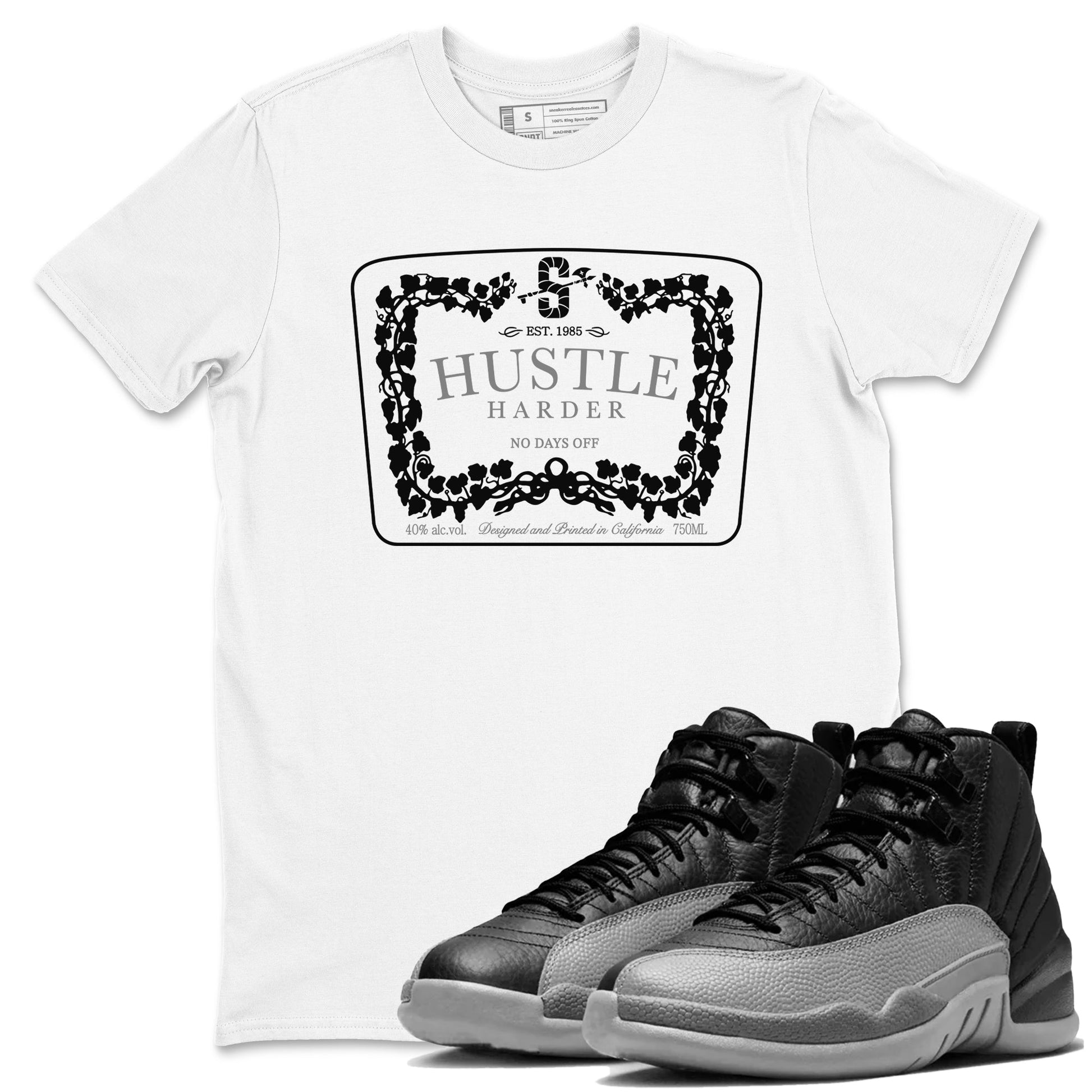 12s Black Wolf Grey shirts to match jordans Hustle Harder sneaker match tees Air Jordan 12 Black Wolf Grey match shoes to clothes SNRT Sneaker Tees unisex cotton White 1 shirts
