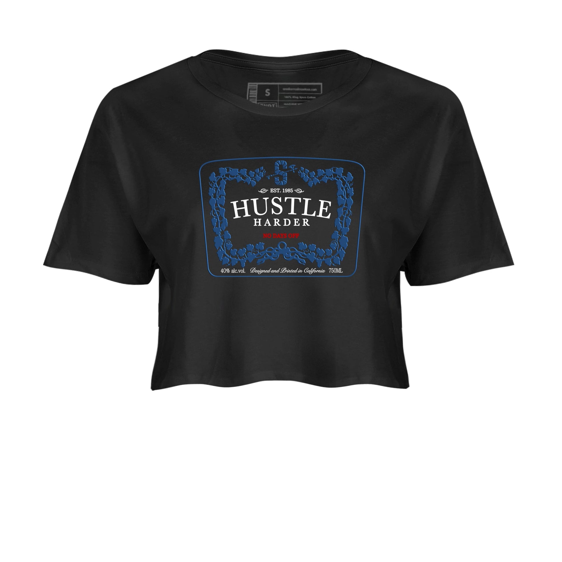 Hustle Harder womens crop tee perfect shirts to match jordans the Air Jordan 12 French Blue sneakers — the perfect match in Black 2.