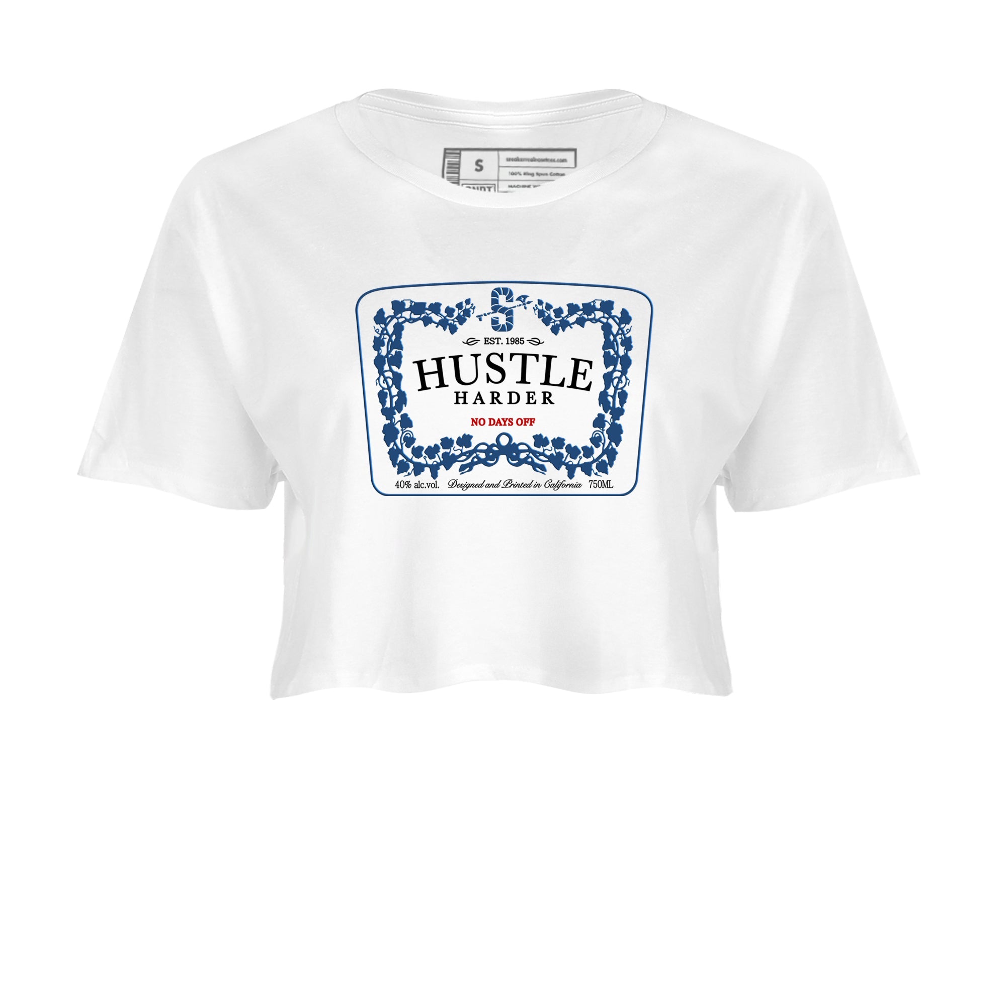 Hustle Harder womens crop tee perfect shirts to match jordans the Air Jordan 12 French Blue sneakers — the perfect match in White 2.