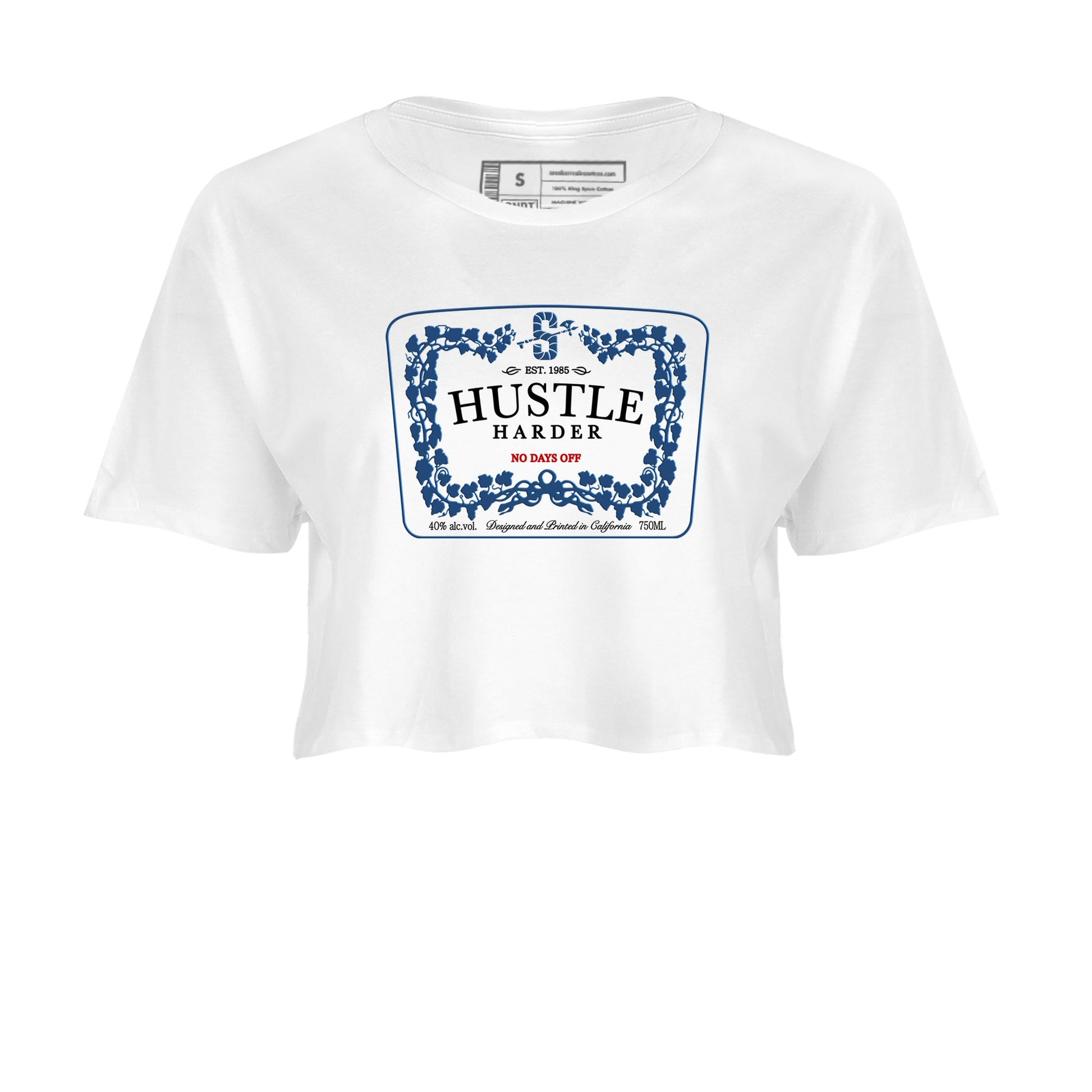 Hustle Harder womens crop tee perfect shirts to match jordans the Air Jordan 12 French Blue sneakers — the perfect match in White 2.