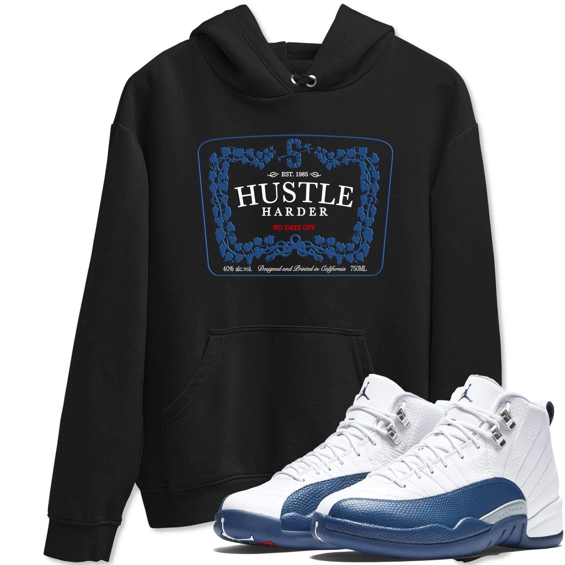 Hustle Harder sneaker match t-shirt styled to complete your fit with the Air Jordan 12 French Blue sneakers, graphic shirts in Black 1.