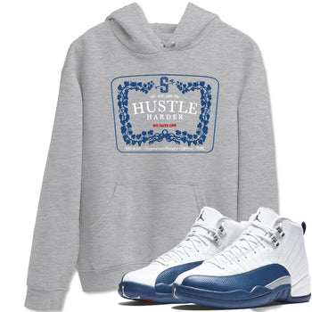 Hustle Harder sneaker match t-shirt styled to complete your fit with the Air Jordan 12 French Blue sneakers, graphic shirts in Heather Grey 1.