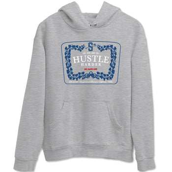Hustle Harder sneaker match t-shirt styled to complete your fit with the Air Jordan 12 French Blue sneakers, graphic shirts in Heather Grey 2.