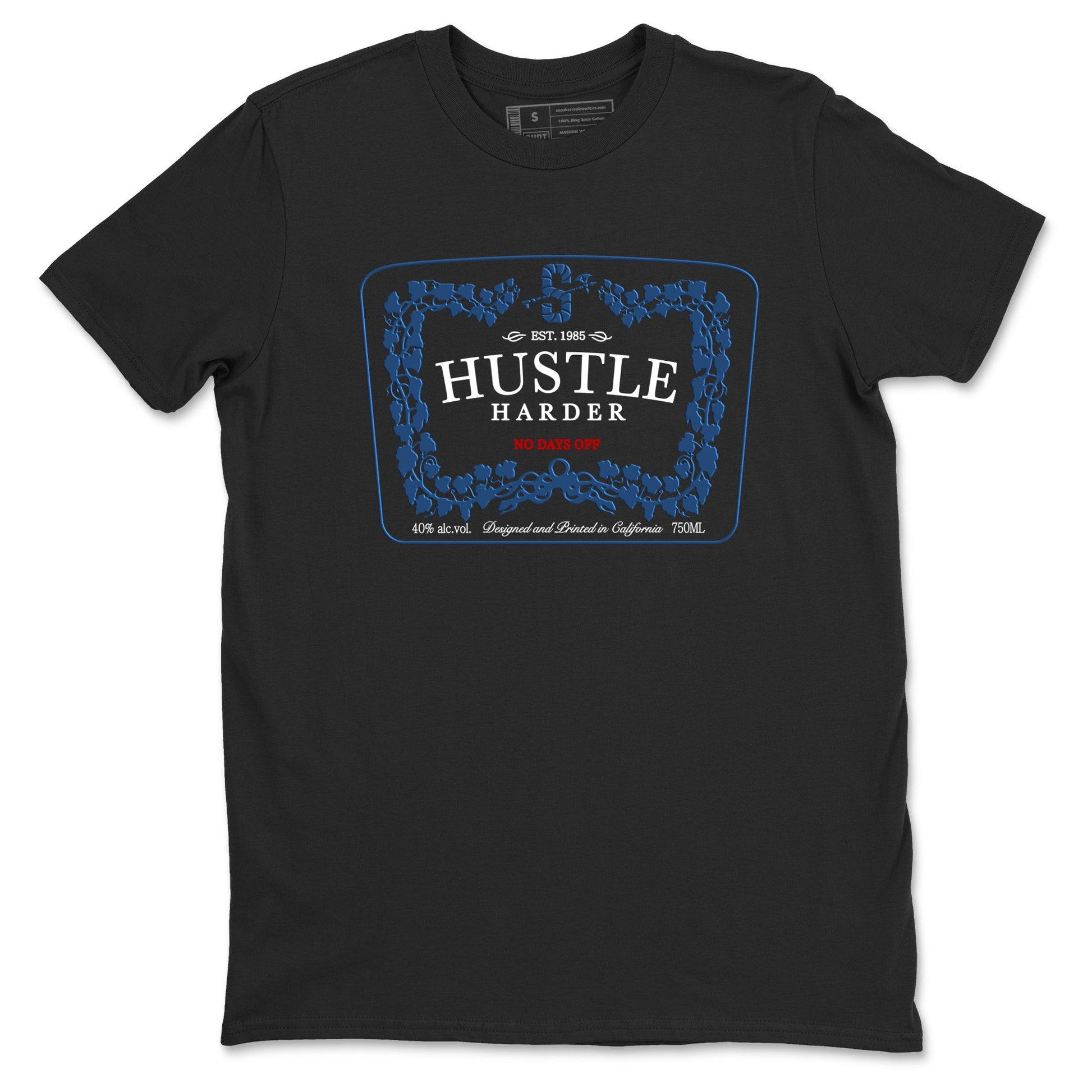 Hustle Harder sneaker match t-shirt styled to complete your fit with the Air Jordan 12 French Blue sneakers, graphic shirts in Black 2.