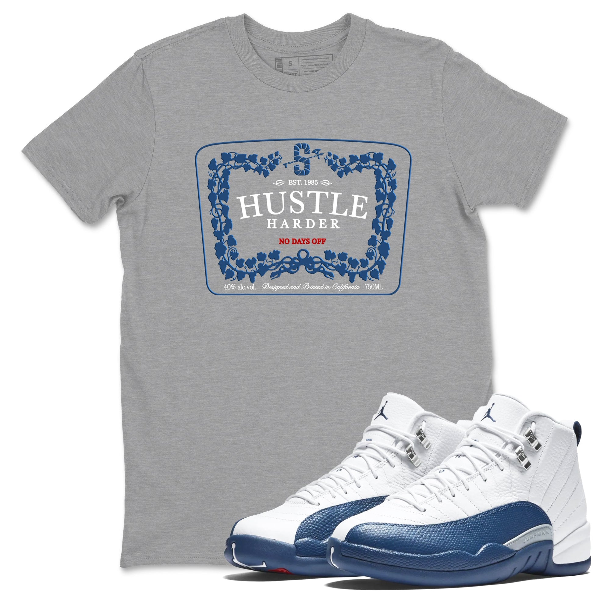Hustle Harder sneaker match t-shirt styled to complete your fit with the Air Jordan 12 French Blue sneakers, graphic shirts in Heather Grey 1.