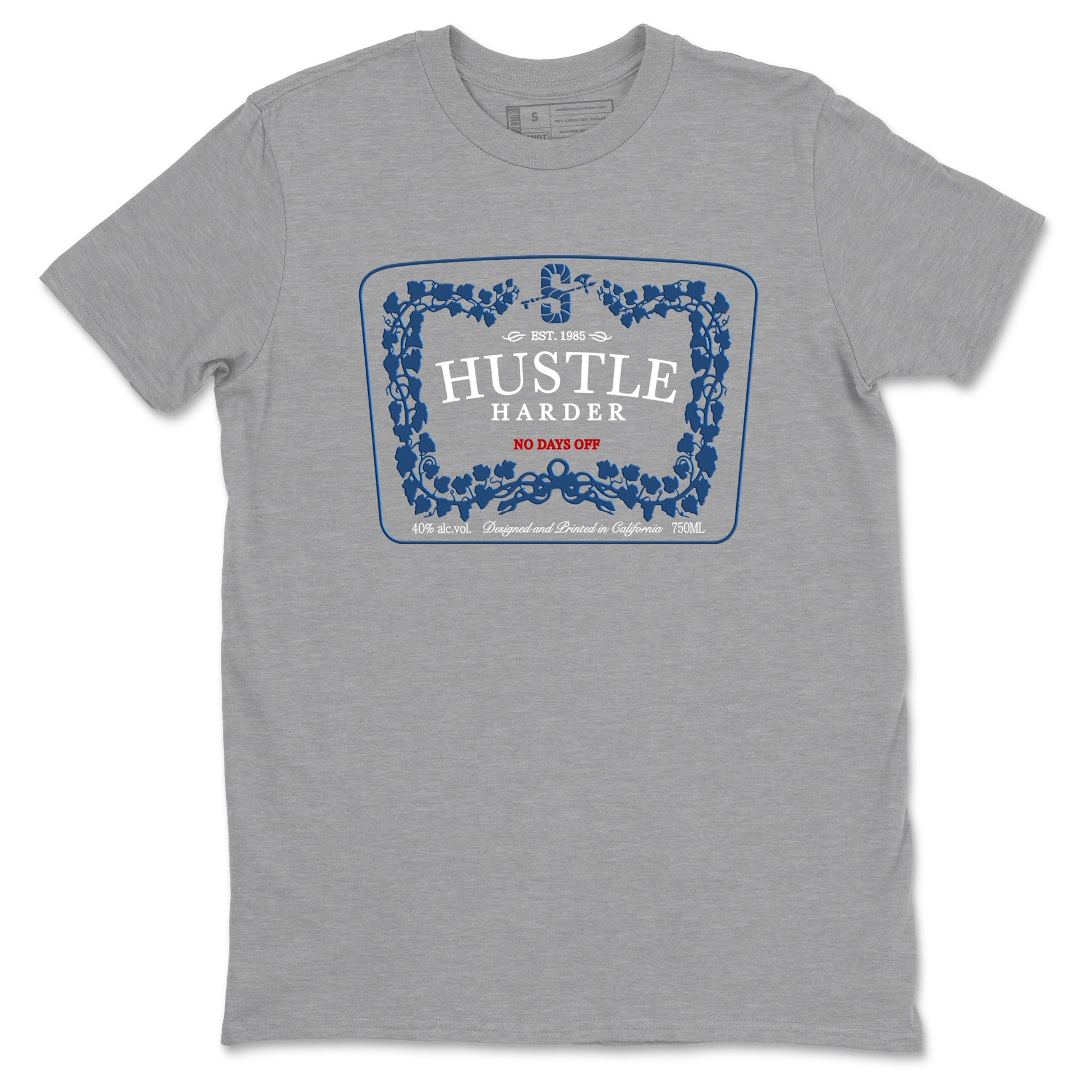 Hustle Harder sneaker match t-shirt styled to complete your fit with the Air Jordan 12 French Blue sneakers, graphic shirts in Heather Grey 2.