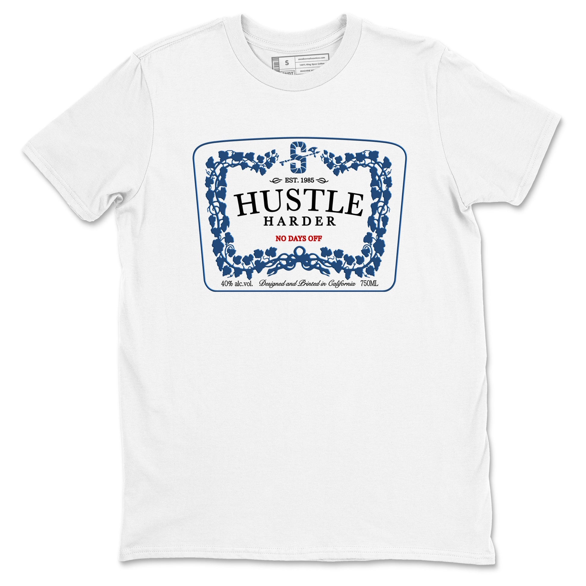 Hustle Harder sneaker match t-shirt styled to complete your fit with the Air Jordan 12 French Blue sneakers, graphic shirts in White 2.
