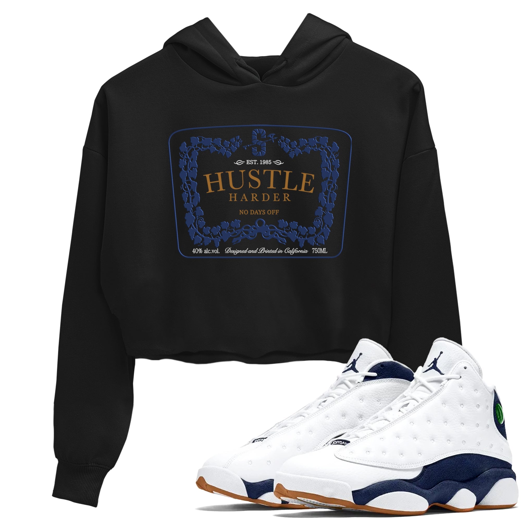 13s Midnight Navy shirts to match jordans Hustle Harder sneaker match tees Air Jordan 13 Midnight Navy SNRT Sneaker Release Tees unisex cotton Black 1 Crop Shirts