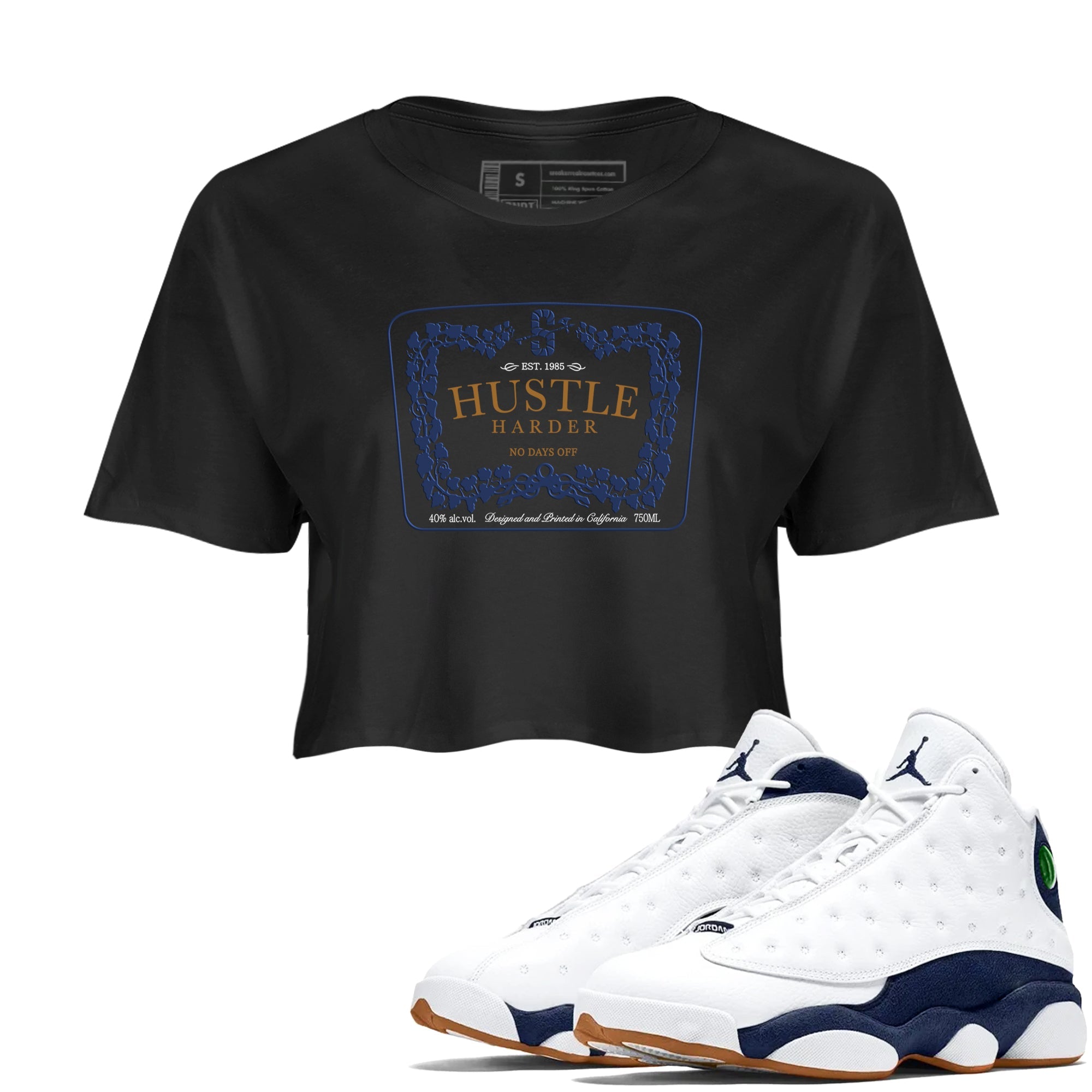 13s Midnight Navy shirts to match jordans Hustle Harder sneaker match tees Air Jordan 13 Midnight Navy SNRT Sneaker Release Tees unisex cotton Black 1 Crop Shirts