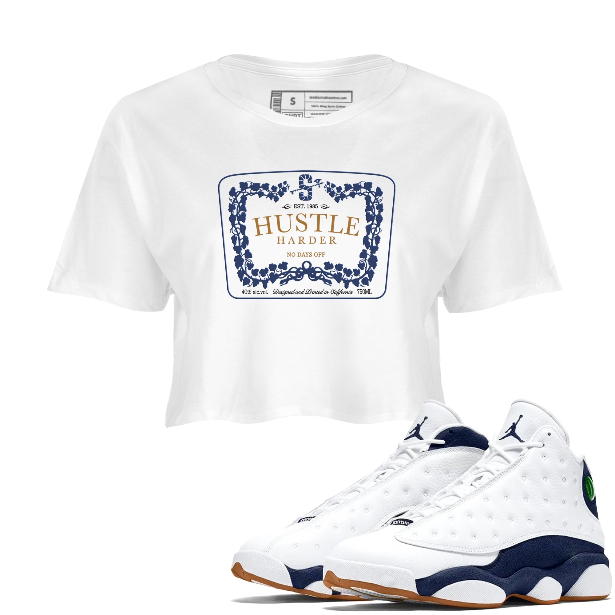 13s Midnight Navy shirts to match jordans Hustle Harder sneaker match tees Air Jordan 13 Midnight Navy SNRT Sneaker Release Tees unisex cotton White 1 Crop Shirts