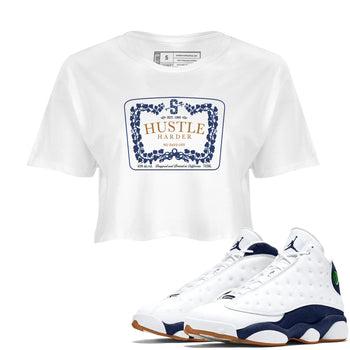 13s Midnight Navy shirts to match jordans Hustle Harder sneaker match tees Air Jordan 13 Midnight Navy SNRT Sneaker Release Tees unisex cotton White 1 Crop Shirts