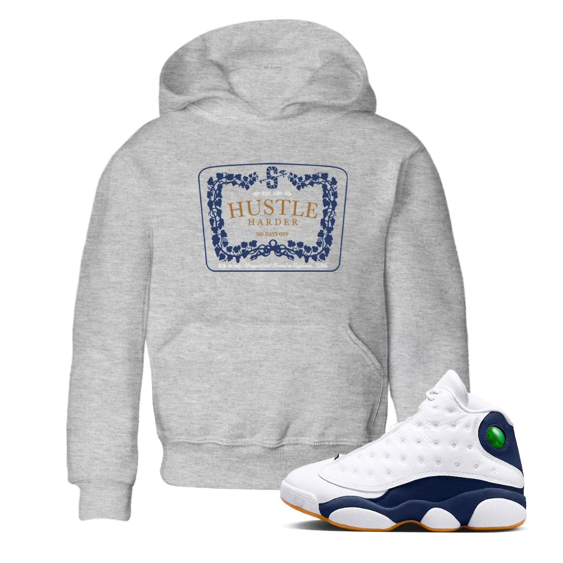 13s Midnight Navy shirts to match jordans Hustle Harder sneaker match tees Air Jordan 13 Midnight Navy SNRT Sneaker Release Tees Youth Baby Heather Grey 1 crew neck shirts