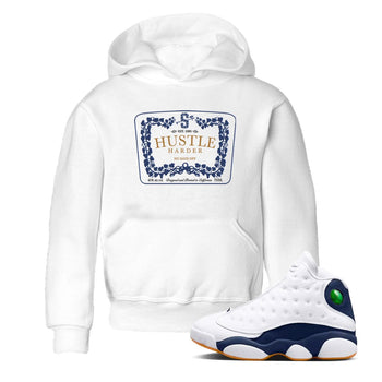 13s Midnight Navy shirts to match jordans Hustle Harder sneaker match tees Air Jordan 13 Midnight Navy SNRT Sneaker Release Tees Youth Baby White 1 crew neck shirts