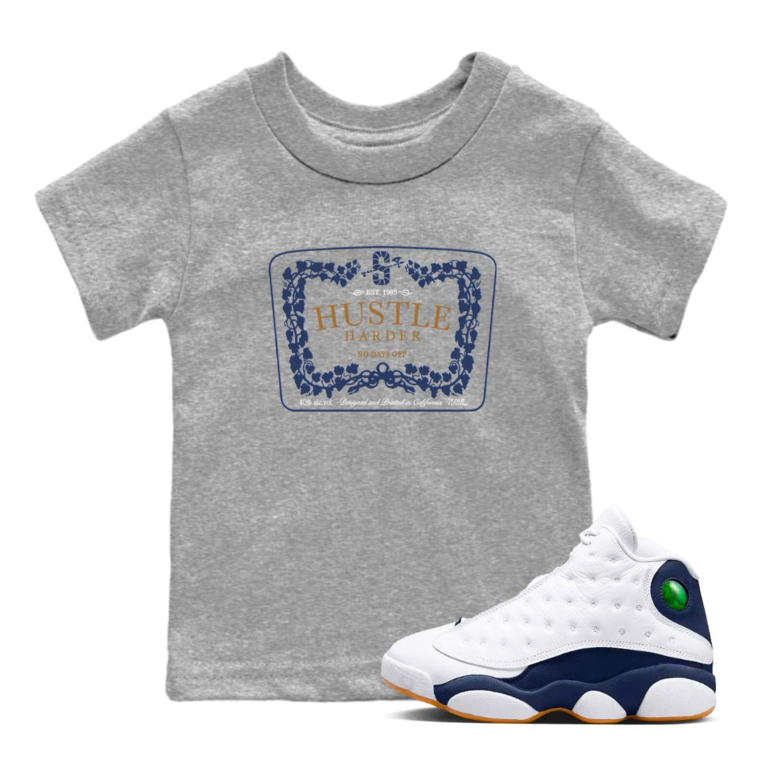 13s Midnight Navy shirts to match jordans Hustle Harder sneaker match tees Air Jordan 13 Midnight Navy SNRT Sneaker Release Tees Youth Baby Heather Grey 1 crew neck shirts