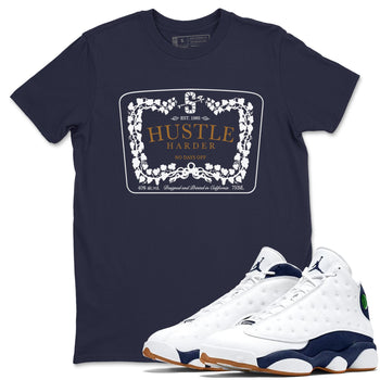 13s Midnight Navy shirts to match jordans Hustle Harder sneaker match tees Air Jordan 13 Midnight Navy SNRT Sneaker Release Tees unisex cotton Navy 1 crew neck shirts