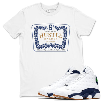 13s Midnight Navy shirts to match jordans Hustle Harder sneaker match tees Air Jordan 13 Midnight Navy SNRT Sneaker Release Tees unisex cotton White 1 crew neck shirts