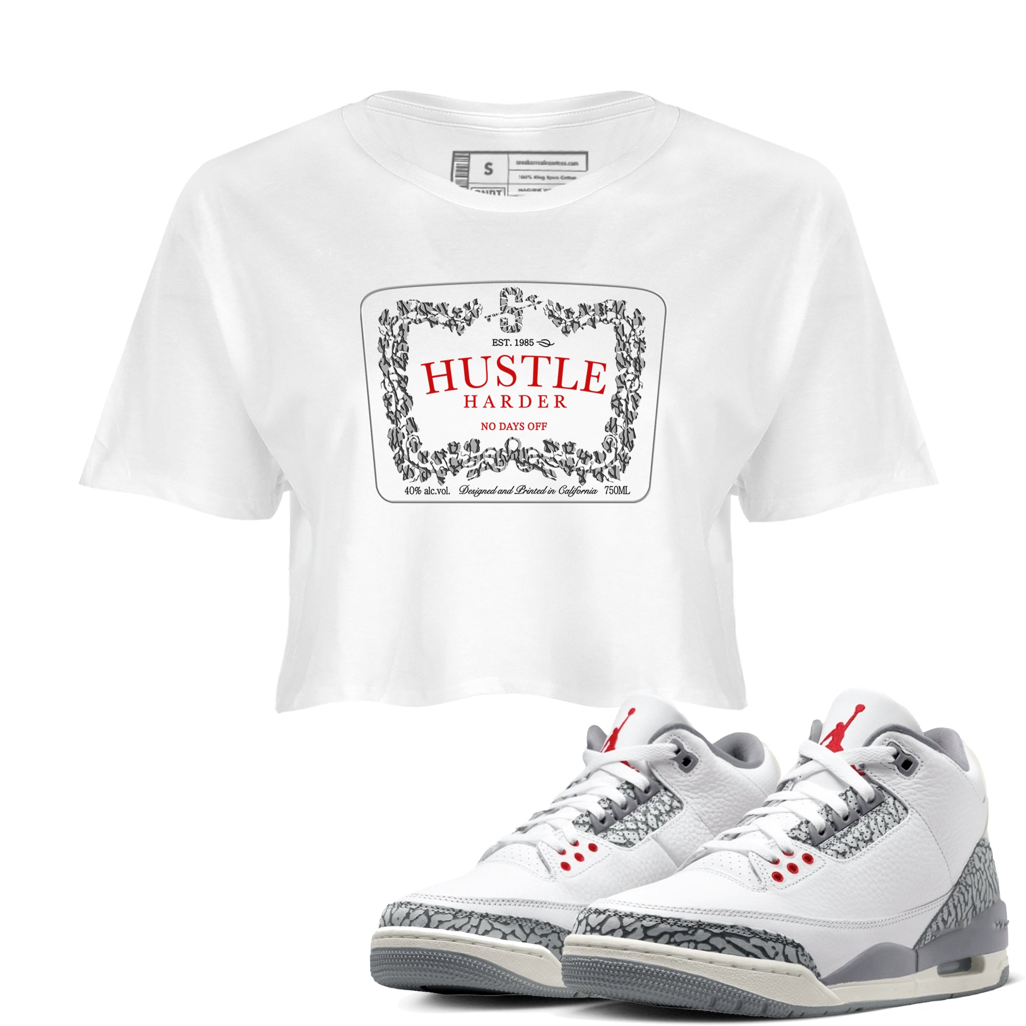 3s Cement Grey shirts to match jordans Hustle Harder sneaker match tees Air Jordan 3 Cement Grey SNRT Sneaker Release Tees unisex cotton White 1 Crop Shirts