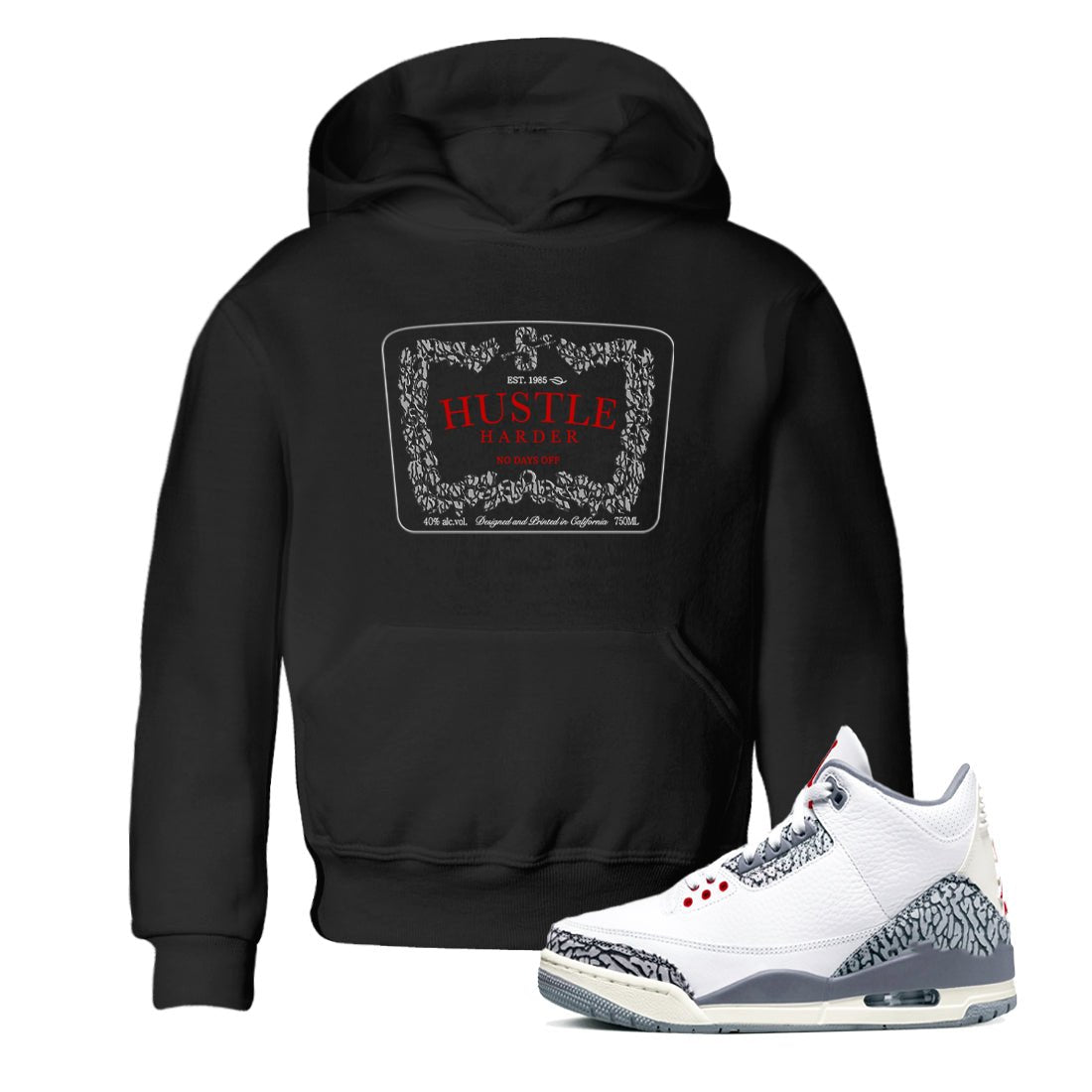 3s Cement Grey shirts to match jordans Hustle Harder sneaker match tees Air Jordan 3 Cement Grey SNRT Sneaker Release Tees Youth Baby Black 1 crew neck shirts