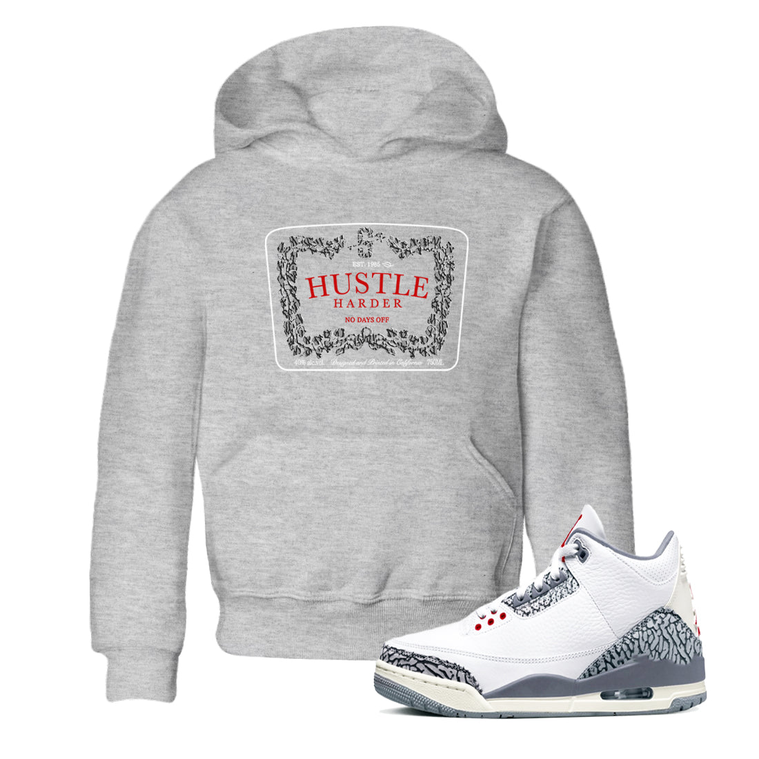 3s Cement Grey shirts to match jordans Hustle Harder sneaker match tees Air Jordan 3 Cement Grey SNRT Sneaker Release Tees Youth Baby Heather Grey 1 crew neck shirts