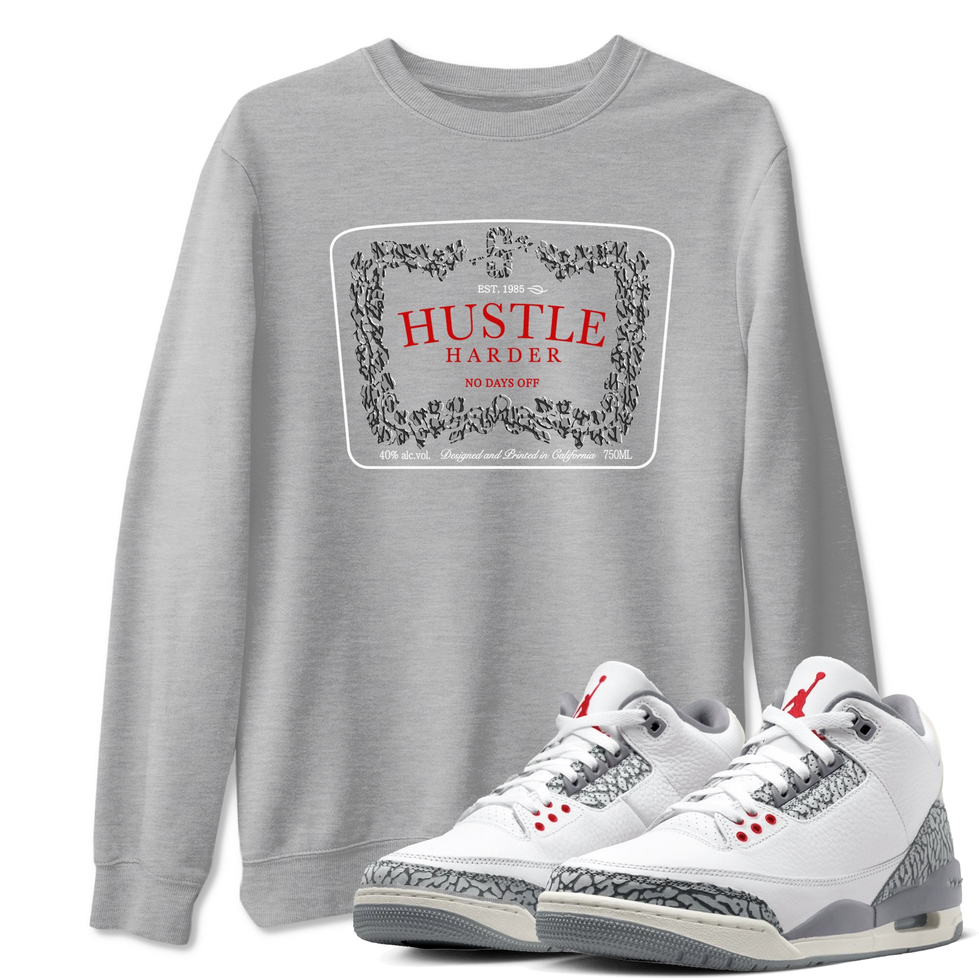 3s Cement Grey shirts to match jordans Hustle Harder sneaker match tees Air Jordan 3 Cement Grey SNRT Sneaker Release Tees unisex cotton Heather Grey 1 crew neck shirts