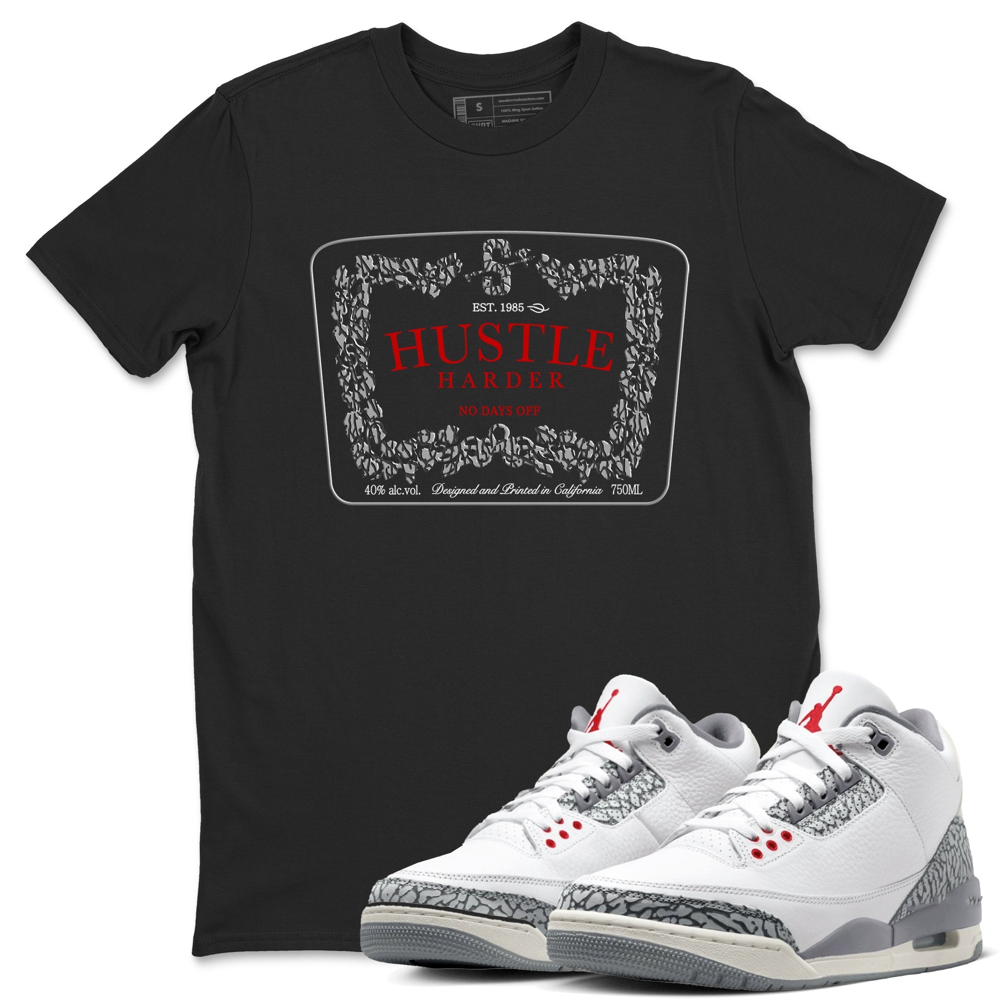 3s Cement Grey shirts to match jordans Hustle Harder sneaker match tees Air Jordan 3 Cement Grey SNRT Sneaker Release Tees unisex cotton Black 1 crew neck shirts