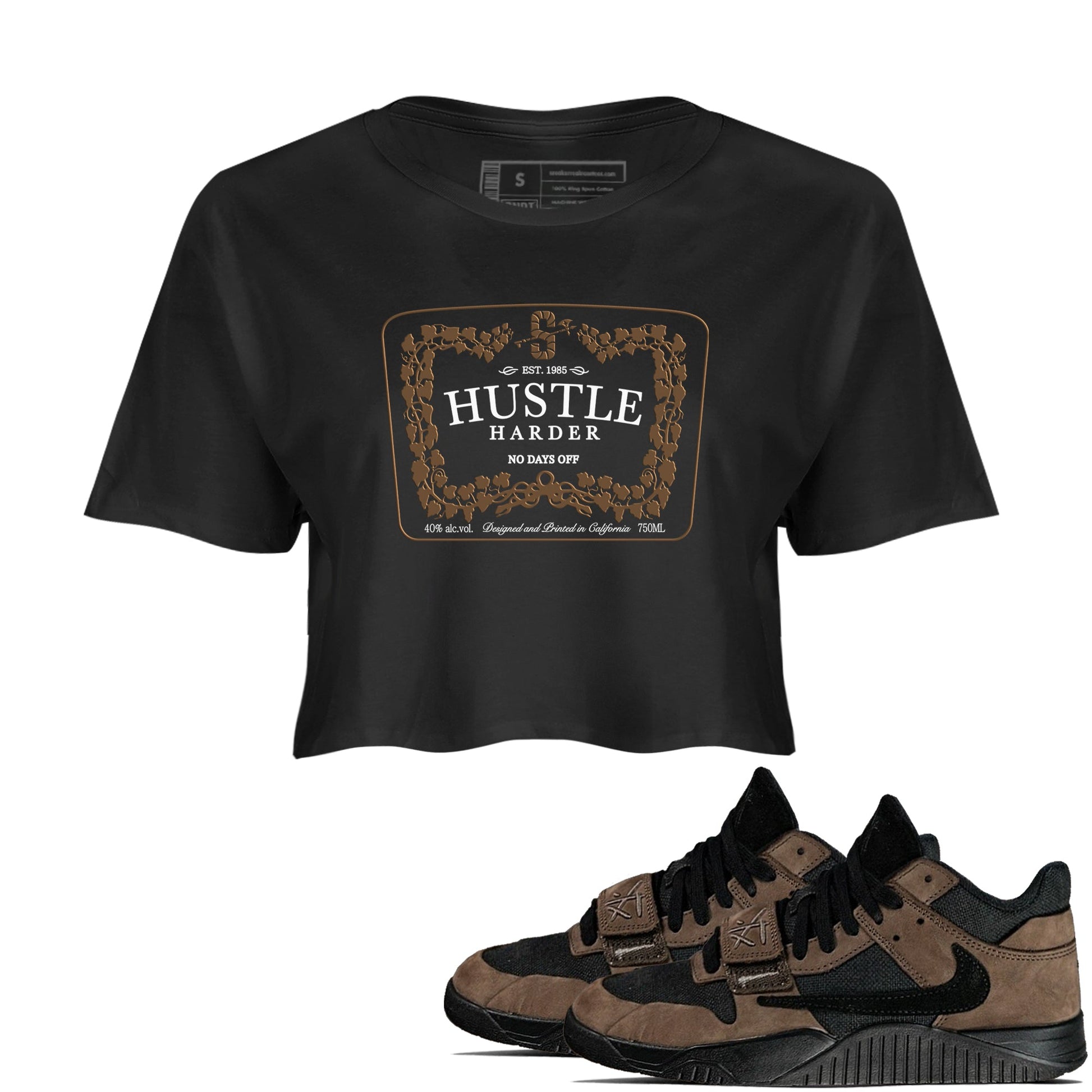 Jordan Jumpman Jack TR Travis Scott Dark Mocha shirts to match jordans Hustle Harder sneaker match tees Jordan Jumpman Jack Travis Scott Dark Mocha match shoes to clothes SNRT Sneaker Tees unisex cotton Black 1 crop tee