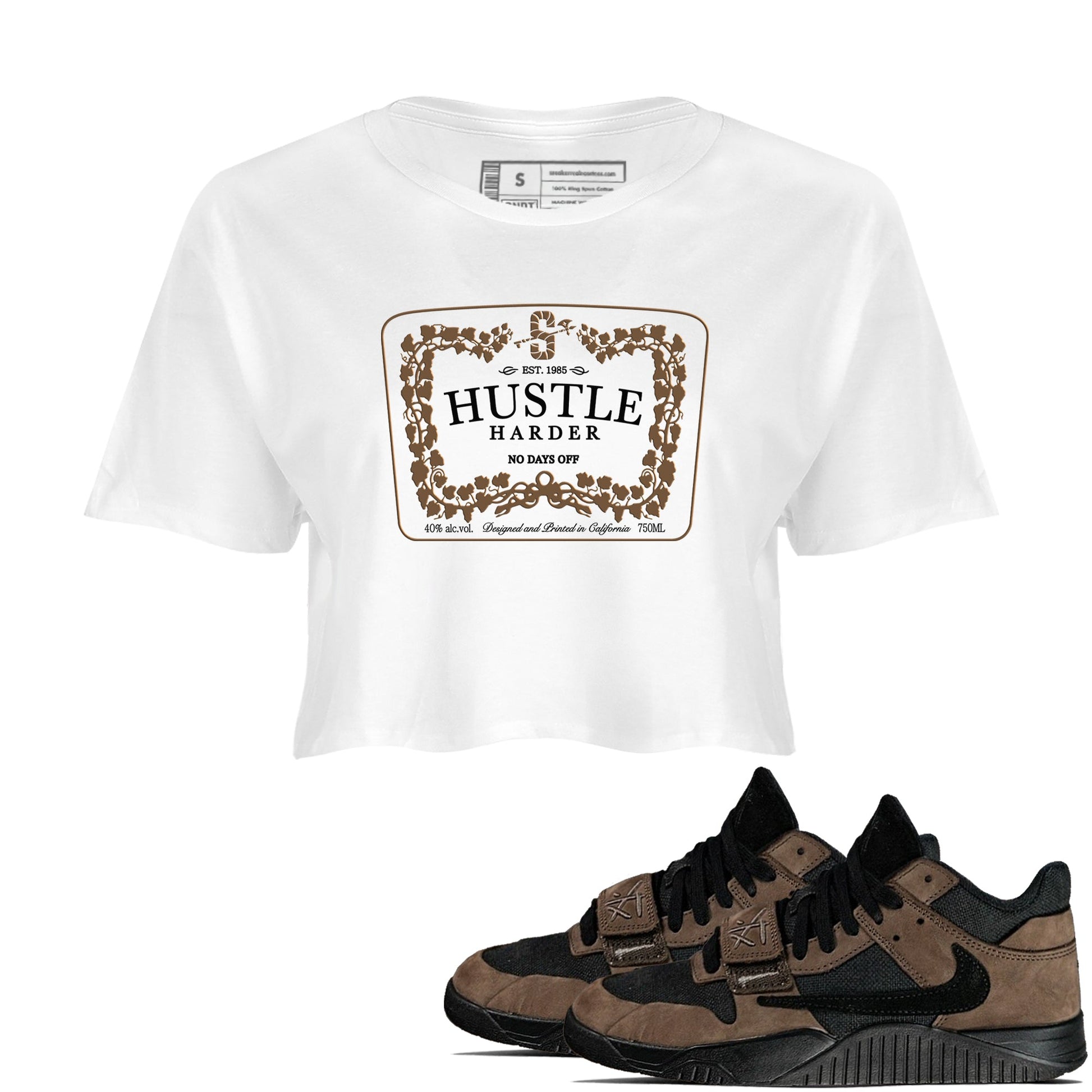 Jordan Jumpman Jack TR Travis Scott Dark Mocha shirts to match jordans Hustle Harder sneaker match tees Jordan Jumpman Jack Travis Scott Dark Mocha match shoes to clothes SNRT Sneaker Tees unisex cotton White 1 crop tee