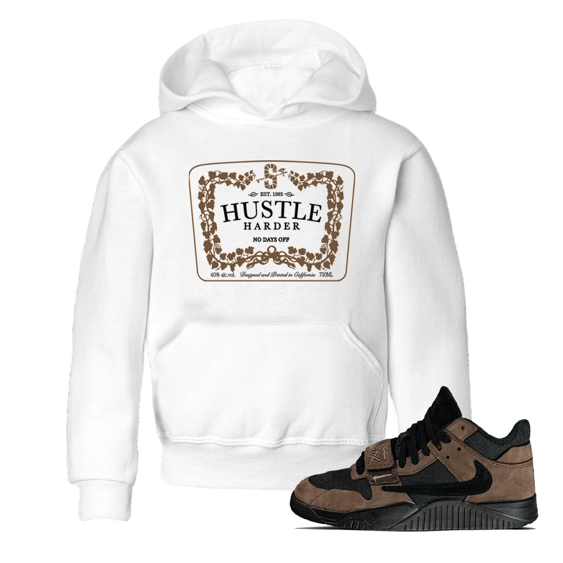 Jordan Jumpman Jack TR Travis Scott Dark Mocha shirts to match jordans Hustle Harder sneaker match tees Jordan Jumpman Jack Travis Scott Dark Mocha match shoes to clothes SNRT Sneaker Tees Youth Baby White 1 tee