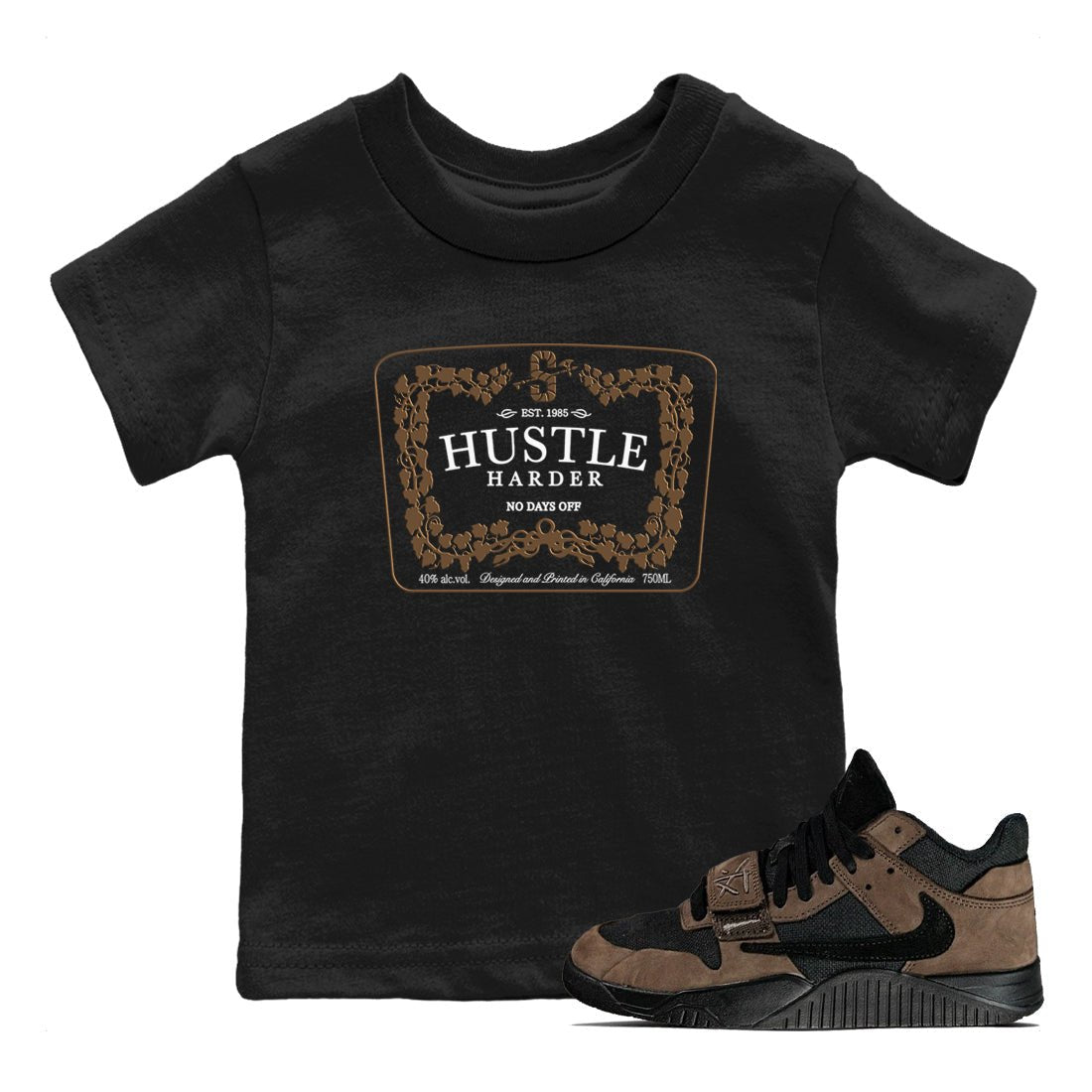 Jordan Jumpman Jack TR Travis Scott Dark Mocha shirts to match jordans Hustle Harder sneaker match tees Jordan Jumpman Jack Travis Scott Dark Mocha match shoes to clothes SNRT Sneaker Tees Youth Baby Black 1 tee