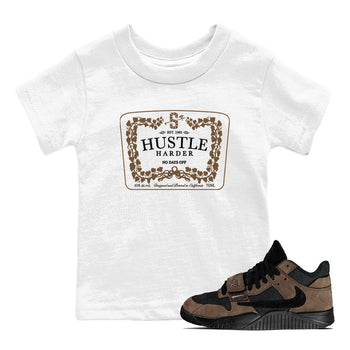 Jordan Jumpman Jack TR Travis Scott Dark Mocha shirts to match jordans Hustle Harder sneaker match tees Jordan Jumpman Jack Travis Scott Dark Mocha match shoes to clothes SNRT Sneaker Tees Youth Baby White 1 tee