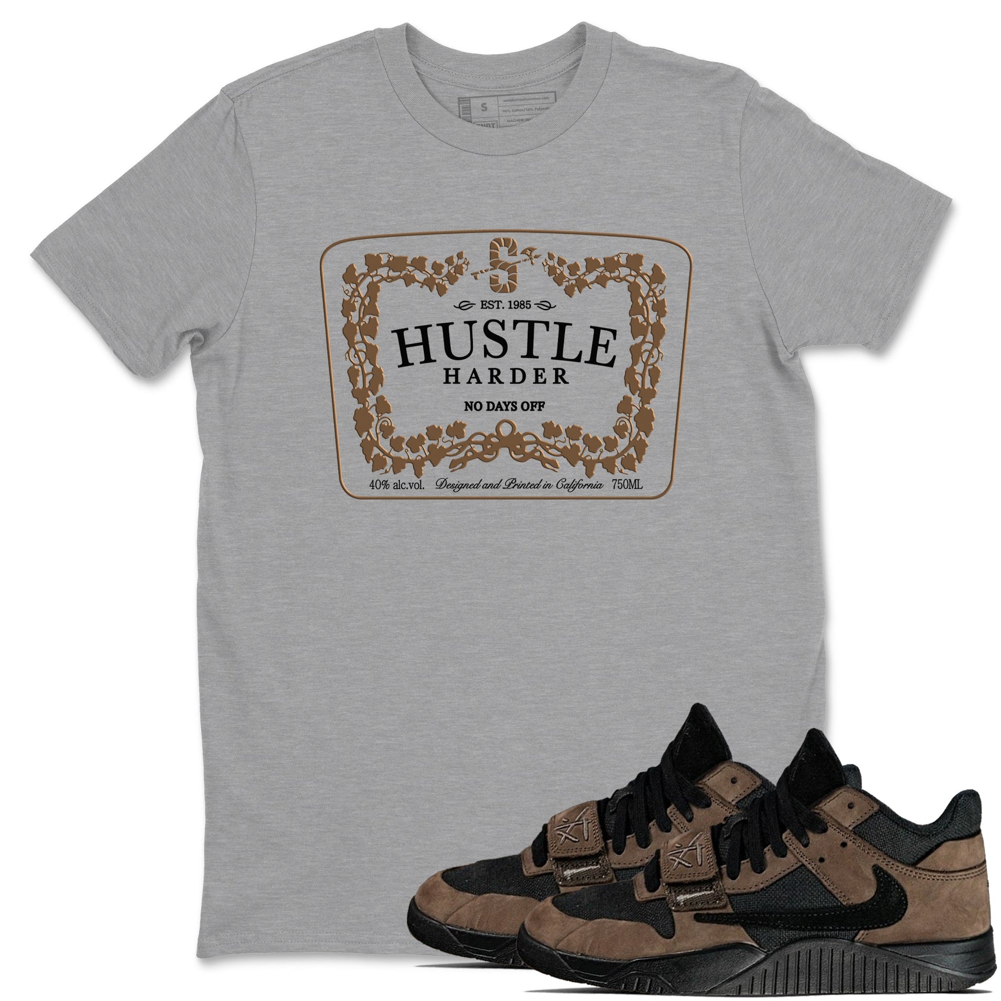 Jordan Jumpman Jack TR Travis Scott Dark Mocha shirts to match jordans Hustle Harder sneaker match tees Jordan Jumpman Jack Travis Scott Dark Mocha match shoes to clothes SNRT Sneaker Tees unisex cotton Heather Grey 1 shirts