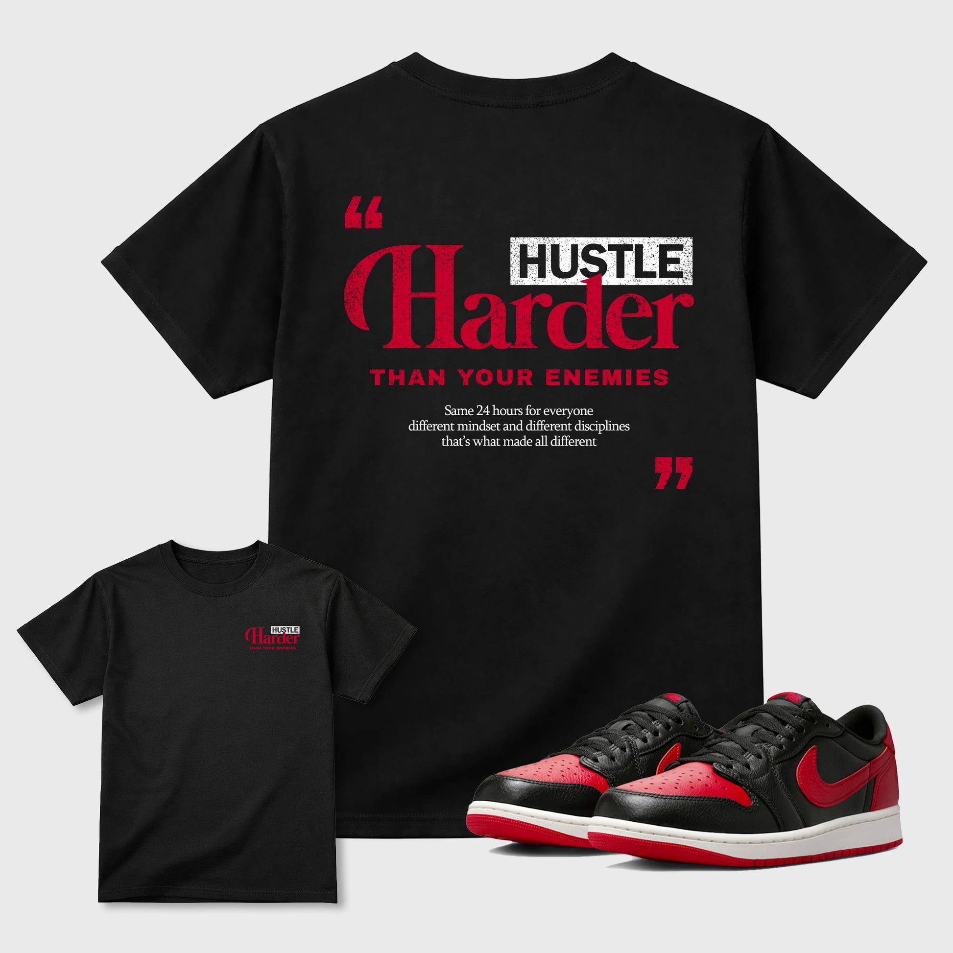 Hustle Harder Than Your Enemies graphic t-shirt styled to complete your sneaker outfit with the Air Jordan 1 Banned sneakers, shown in Black.