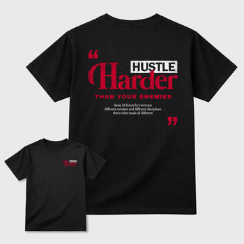 Hustle Harder Than Your Enemies graphic t-shirt styled to complete your sneaker outfit with the 1s Low OG Banned, shown in Black.
