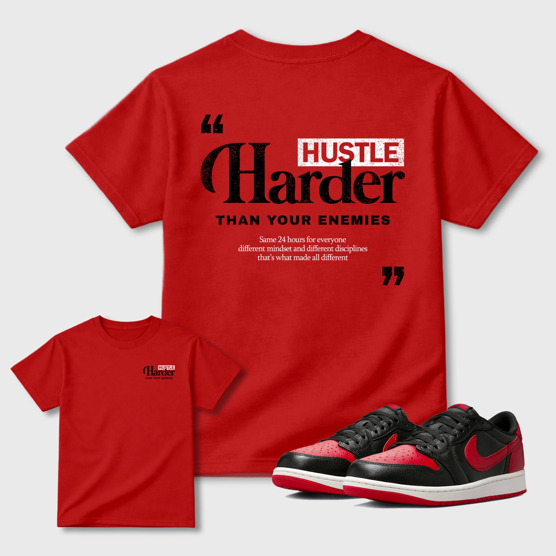 Hustle Harder Than Your Enemies graphic t-shirt styled to complete your sneaker outfit with the 1s Low OG Banned, shown in Red.