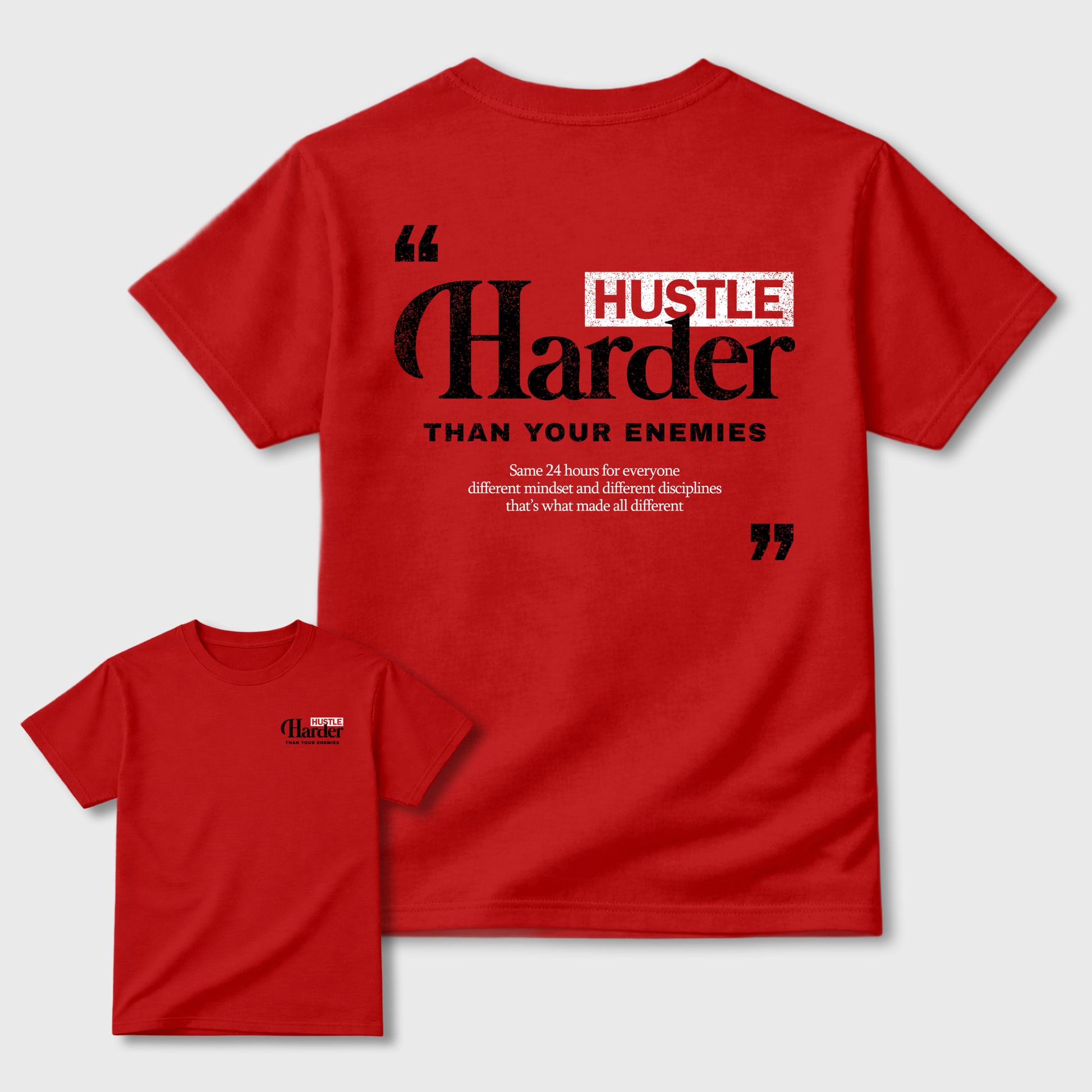 Hustle Harder Than Your Enemies graphic t-shirt styled to complete your sneaker outfit with the 1s Low OG Banned, shown in Red.