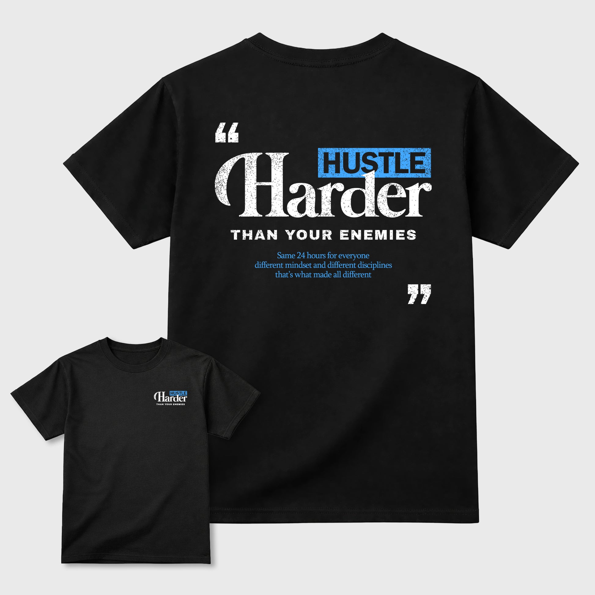 Hustle Harder Than Your Enemiesgraphic t-shirt. Streetwear sneakerfit. Sneaker outfit. Complete your fit with the 11s University Blue, shown in Black.