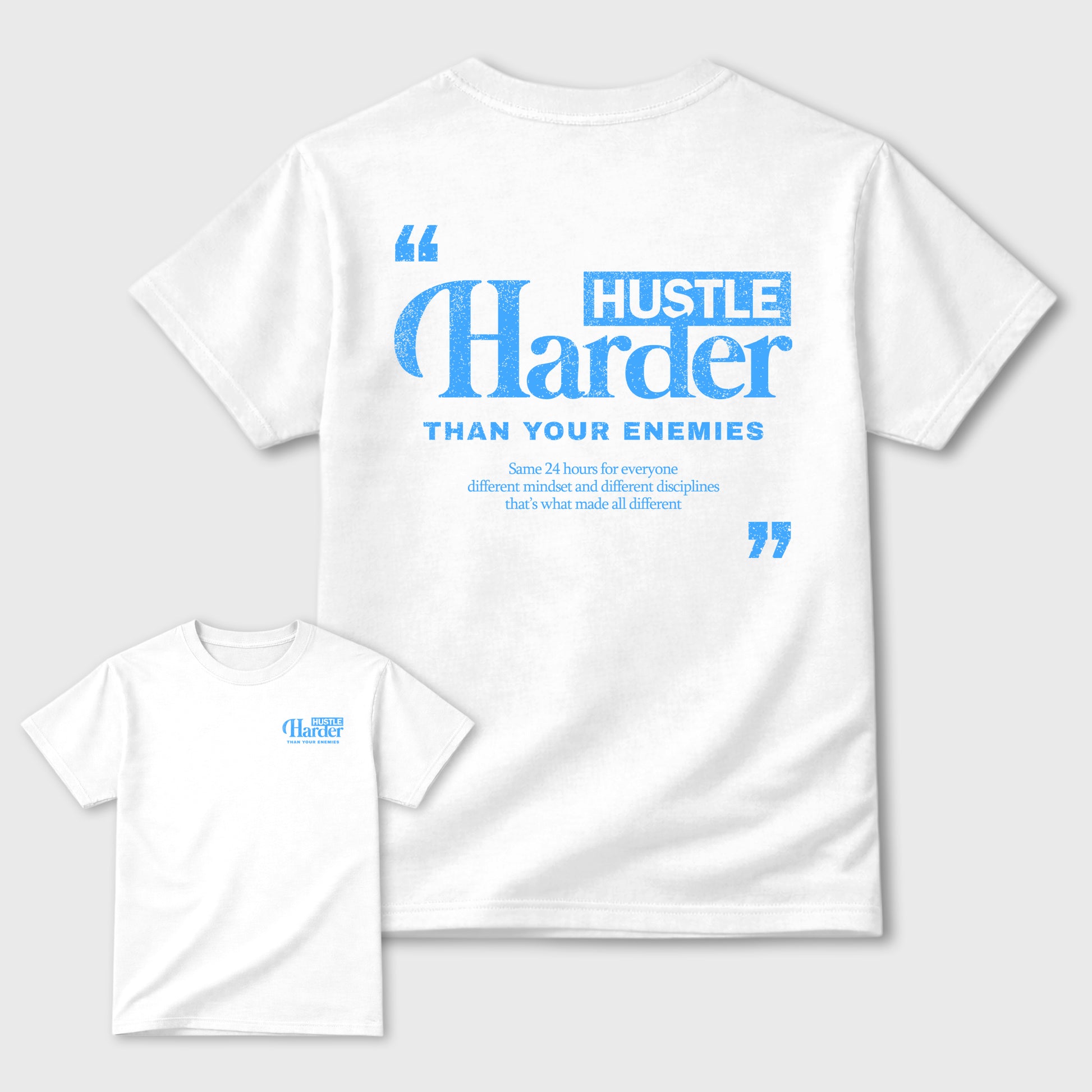 Hustle Harder Than Your Enemiesgraphic t-shirt. Streetwear sneakerfit. Sneaker outfit. Complete your fit with the 11s University Blue, shown in White.
