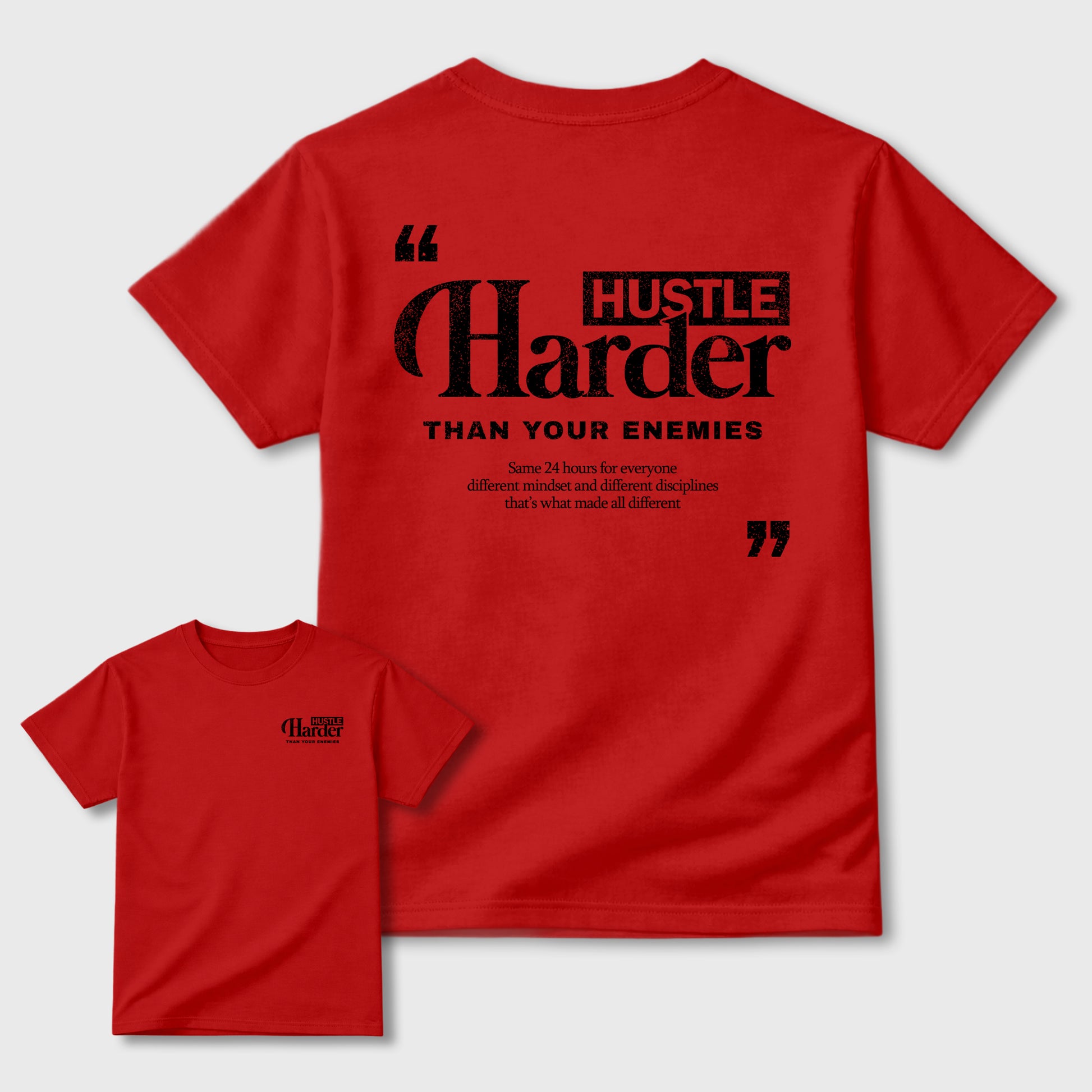Hustle Harder Than Your Enemies Graphic T-Shirt sneaker match tee designed for the sneakers, featuring coordinated color options for a perfect streetwear match. Red shirt.