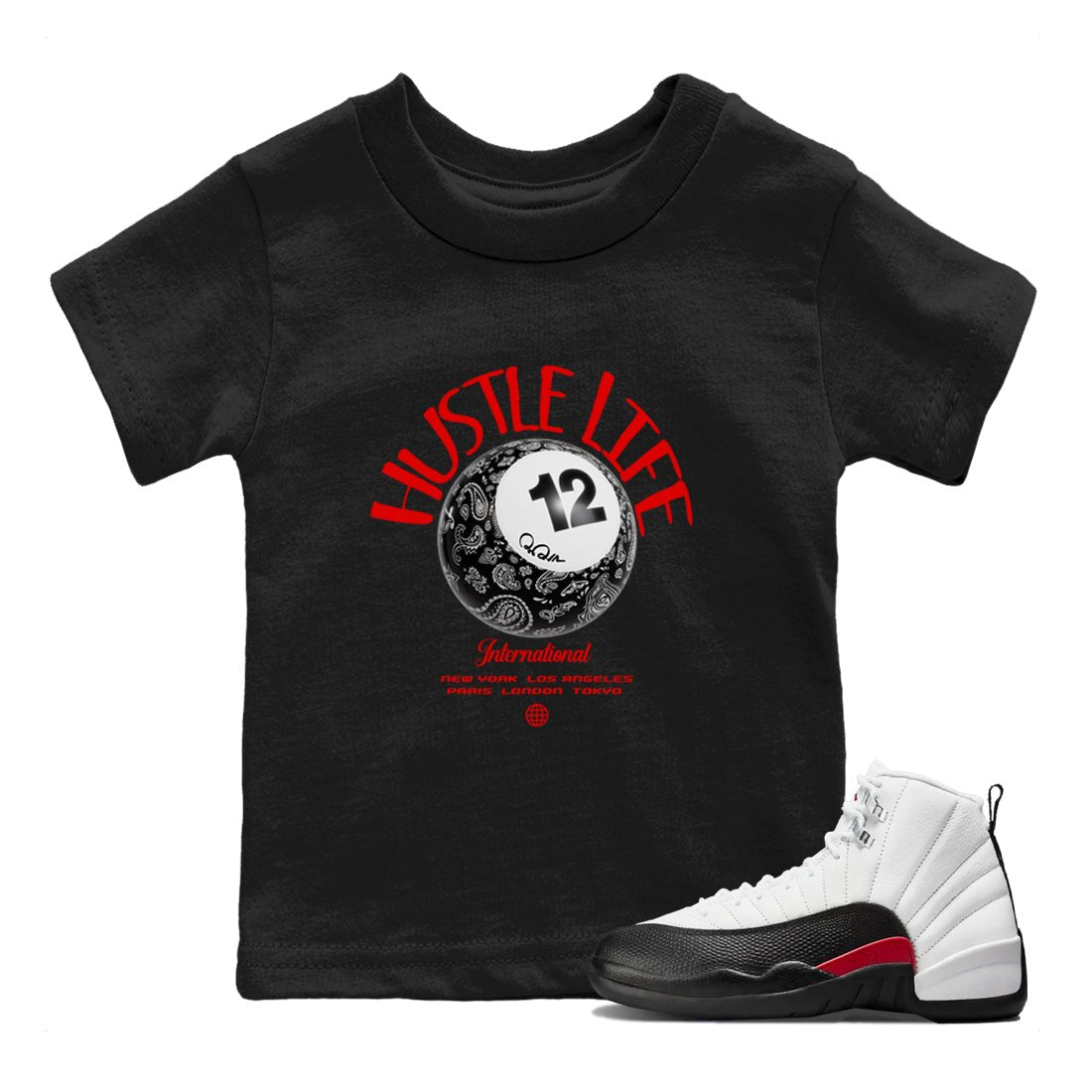 12s Taxi Flip shirts to match jordans Hustle Life sneaker match tees Air Jordan 12 Taxi Flip SNRT Sneaker Tees streetwear brand Baby and Youth Black 1 cotton tee